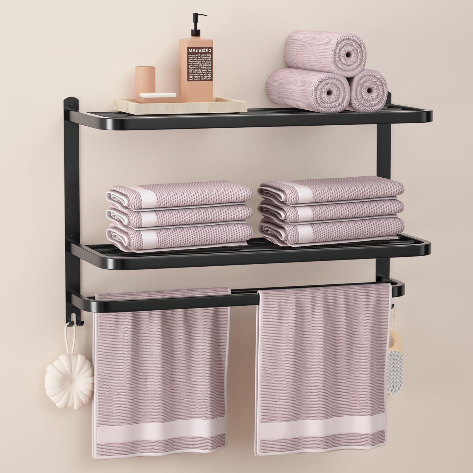DDS-DUDES 3-Tier Black Towel Racks for Bathroom with Towel Bars Multilayer Hotel Towel Shelf Stainless Steel Wall-Mounted Matte 