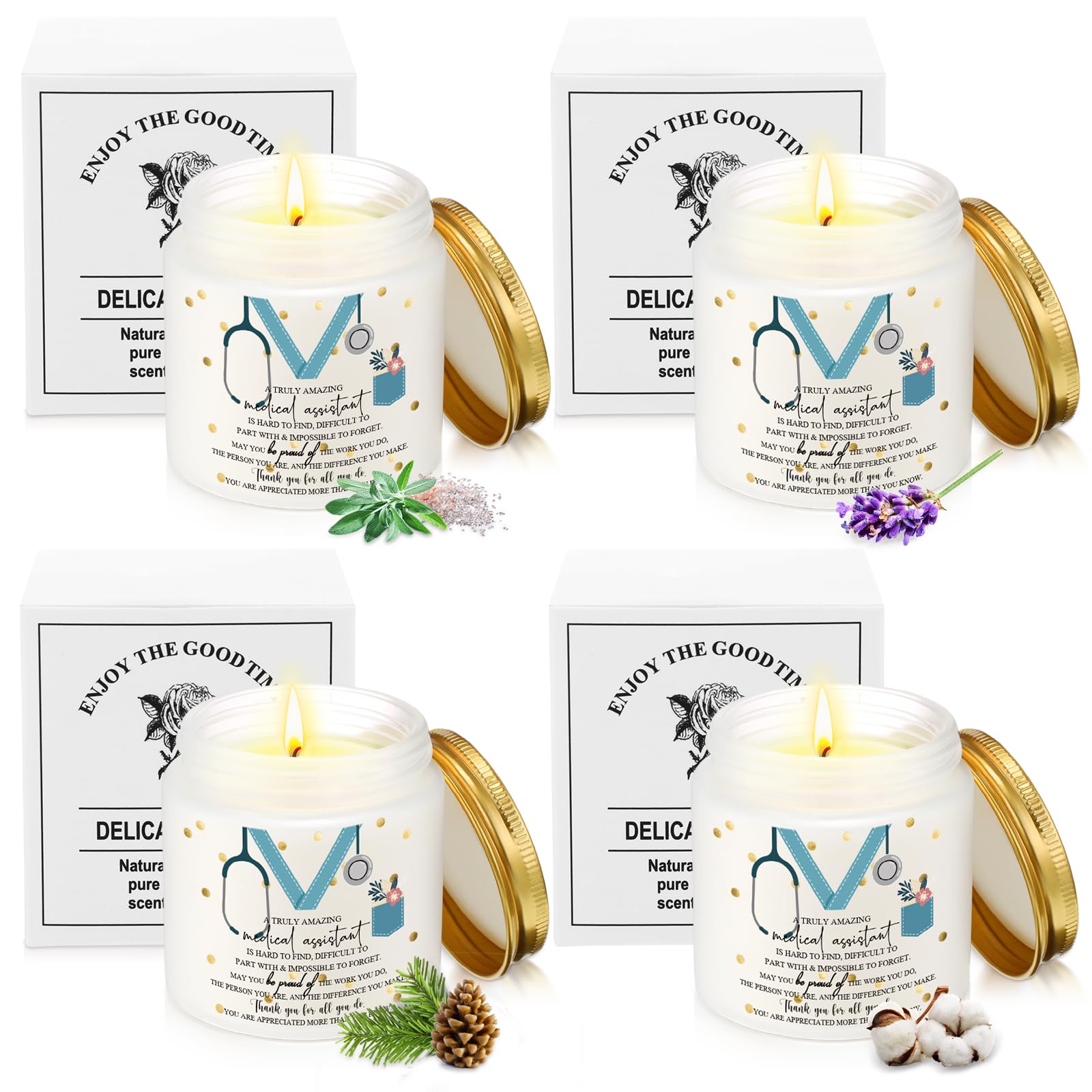 Nuanchu 4 Pcs Medical Assistant Gifts Soy Scented Candles Bulk Aromatherapy Jar 3.5 oz Soy Wax 4 Styles Scented Candles Presents