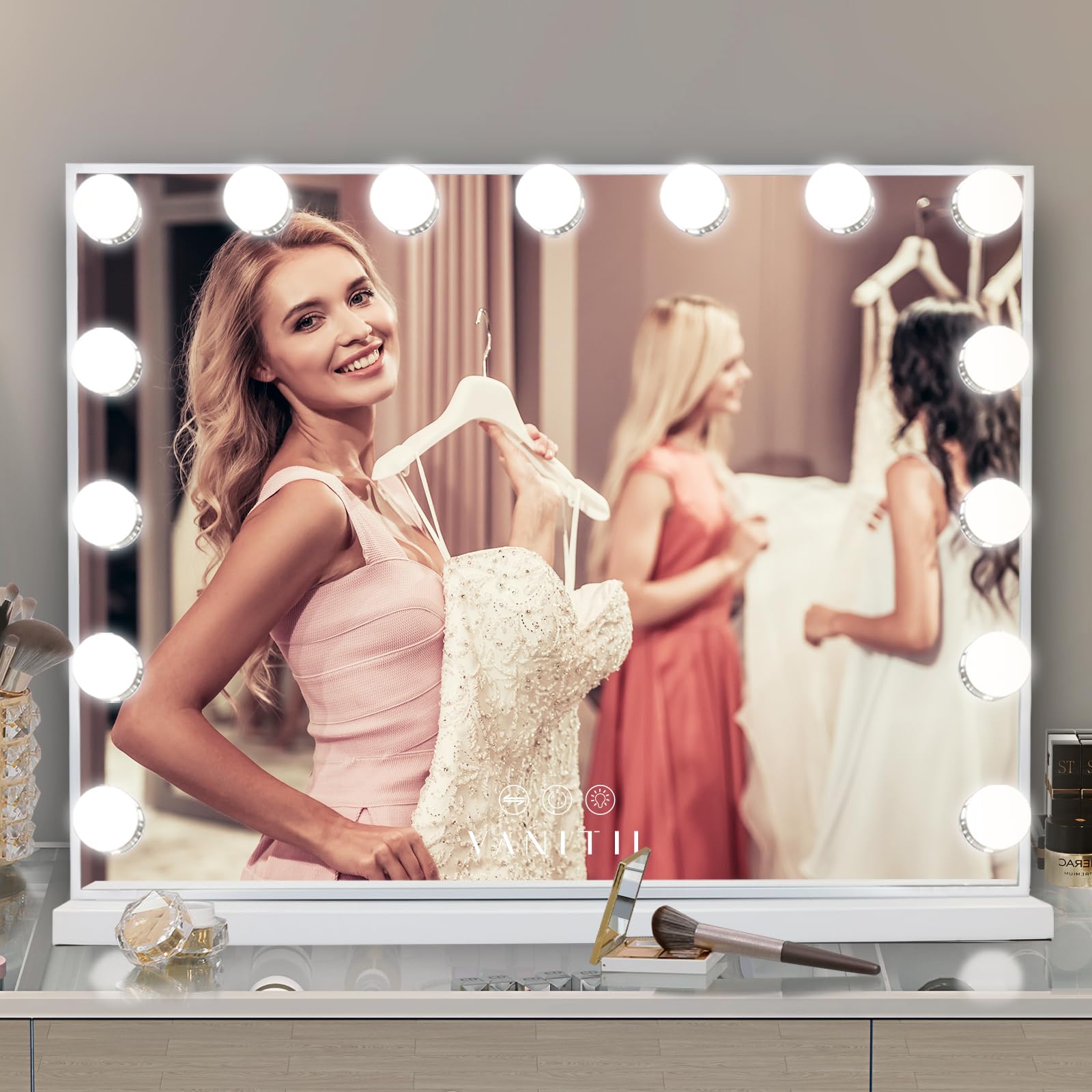 Vanitii Hollywood Vanity Mirror With Lights Usb Charging 22.8   *18.1    Lighted Makeup Mirror With 15 Led Bulbs Dimmable 3 Mode