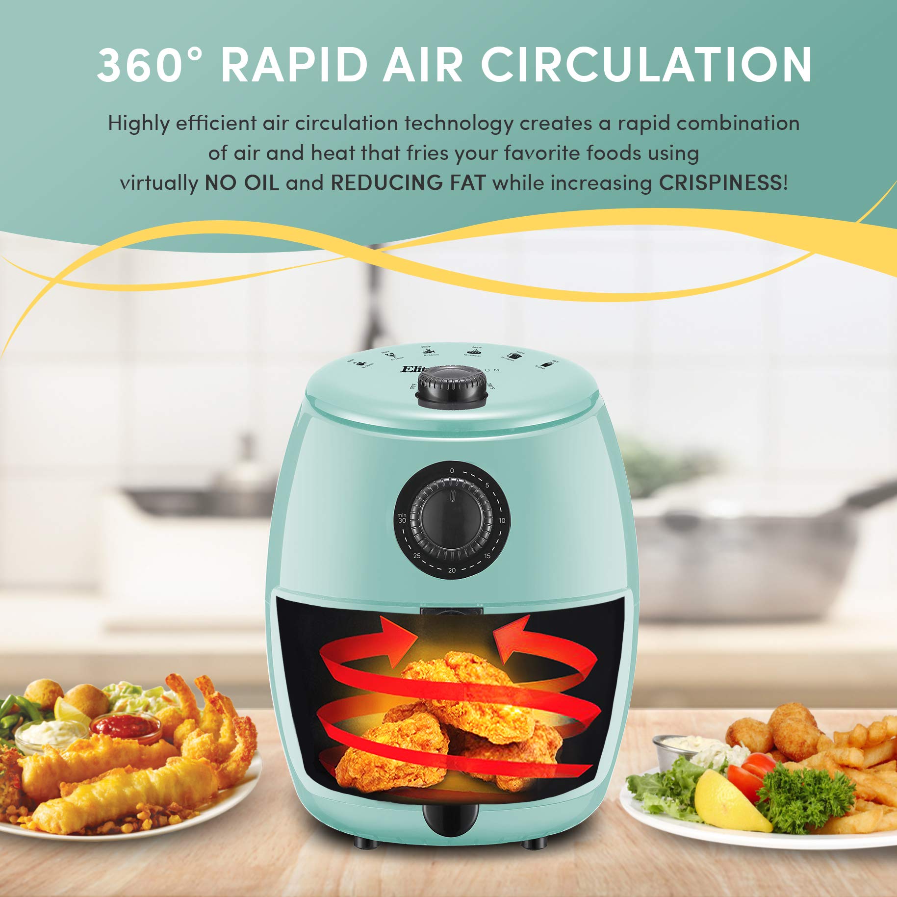 Elite Gourmet Personal Compact Electric Hot Air Fryer, 1000W, 2.1 Quart, Mint, Oil-Less Cooker with Timer & Temperature Controls