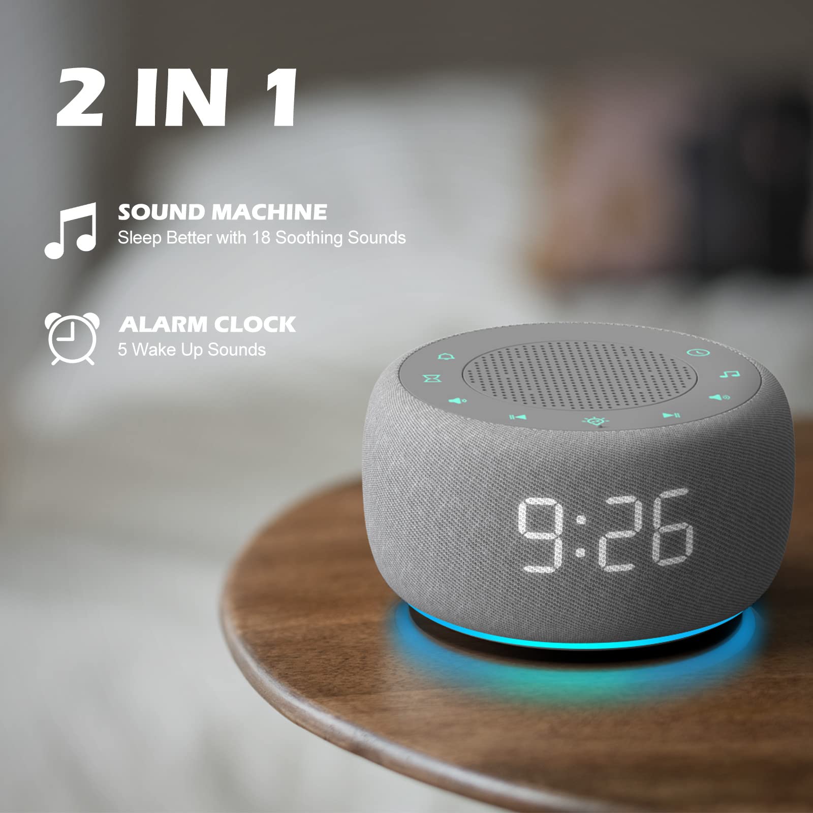 BUFFBEE Sound Machine & Alarm Clock, 18 Soothing Sounds, 7 Night Lights, 30-Level Volume Control, Grey, Model BK11