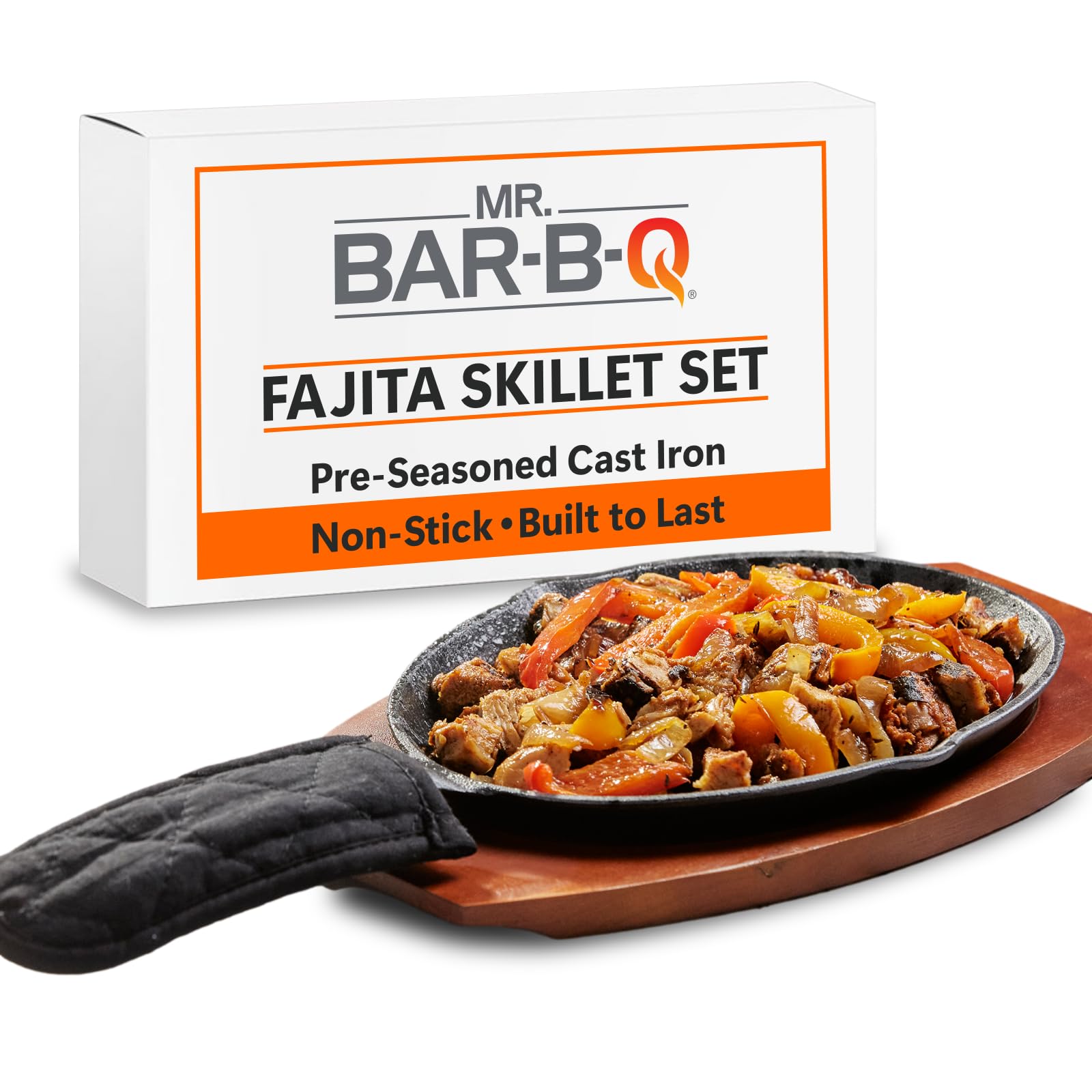 Mr. Bar-B-Q Cast Iron Fajita Skillets Set, Pre-Seasoned Non-Stick Sizzling Plate, Wooden Base W/Cloth Handle, Sizzler Steak Plat