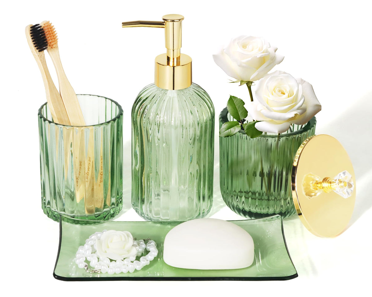 Designer Green Glass Bathroom Accessories Sets - 4 Pcs With Lotion Soap Dispenser, Bathroom Toothbrush Holder, Vanity Tray, And