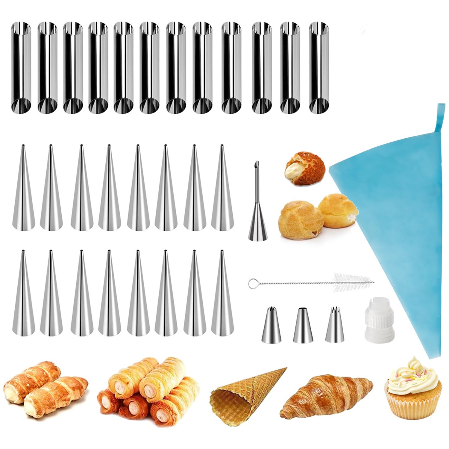 COMZPLIFE 35pcs Cream Horn Molds, Stainless Steel Cannoli Forms Tubes Kits, Baking Cones, Roll Horn Forms, Non-stick Baking Mold