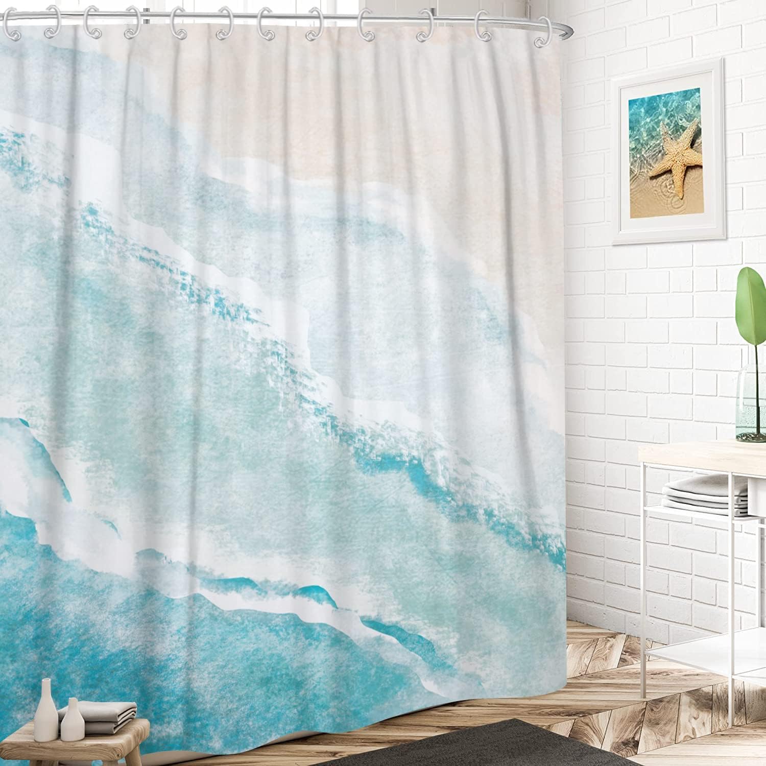 Gcirec Beach Shower Curtain, Teal Blue Coastal Ocean Beach Theme Bathroom Curtain Waterproof Fabric Machine Washable With Hooks,