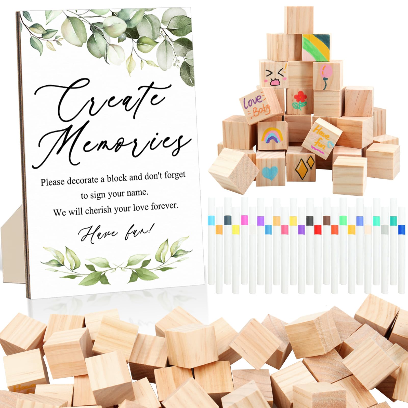 ZCPTZ 97 Pcs Baby Shower Games Sign Kit,Including Decorate a Block Game Sign 72 DIY Blank Wooden Block 24 Painting Pen to Draw Y