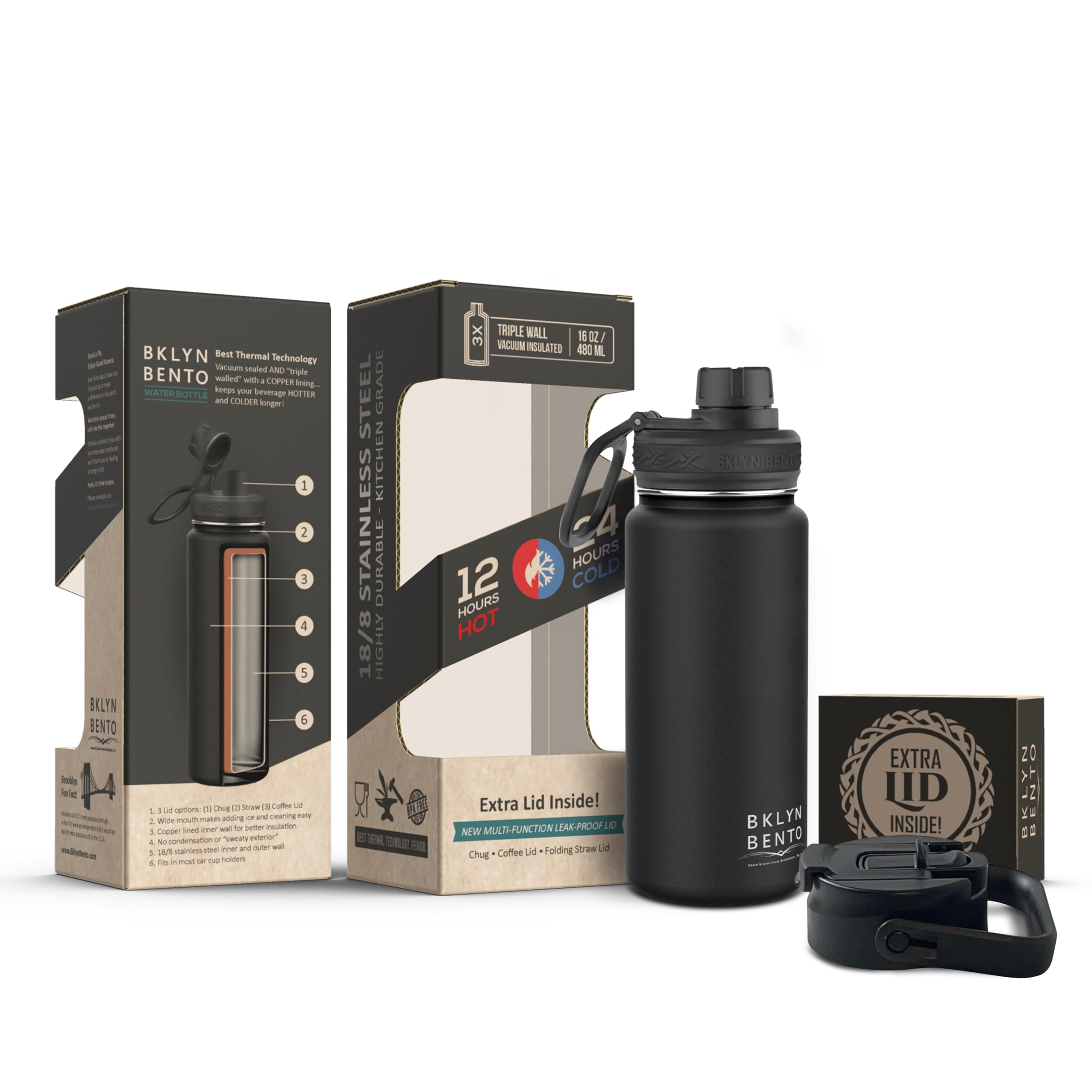 Water Bottle Stainless Steel Double Wall with 3 LeakProof Lids  Chug, Straw & Coffee Lid | Keeps Drinks Cold for 24 Hours and 