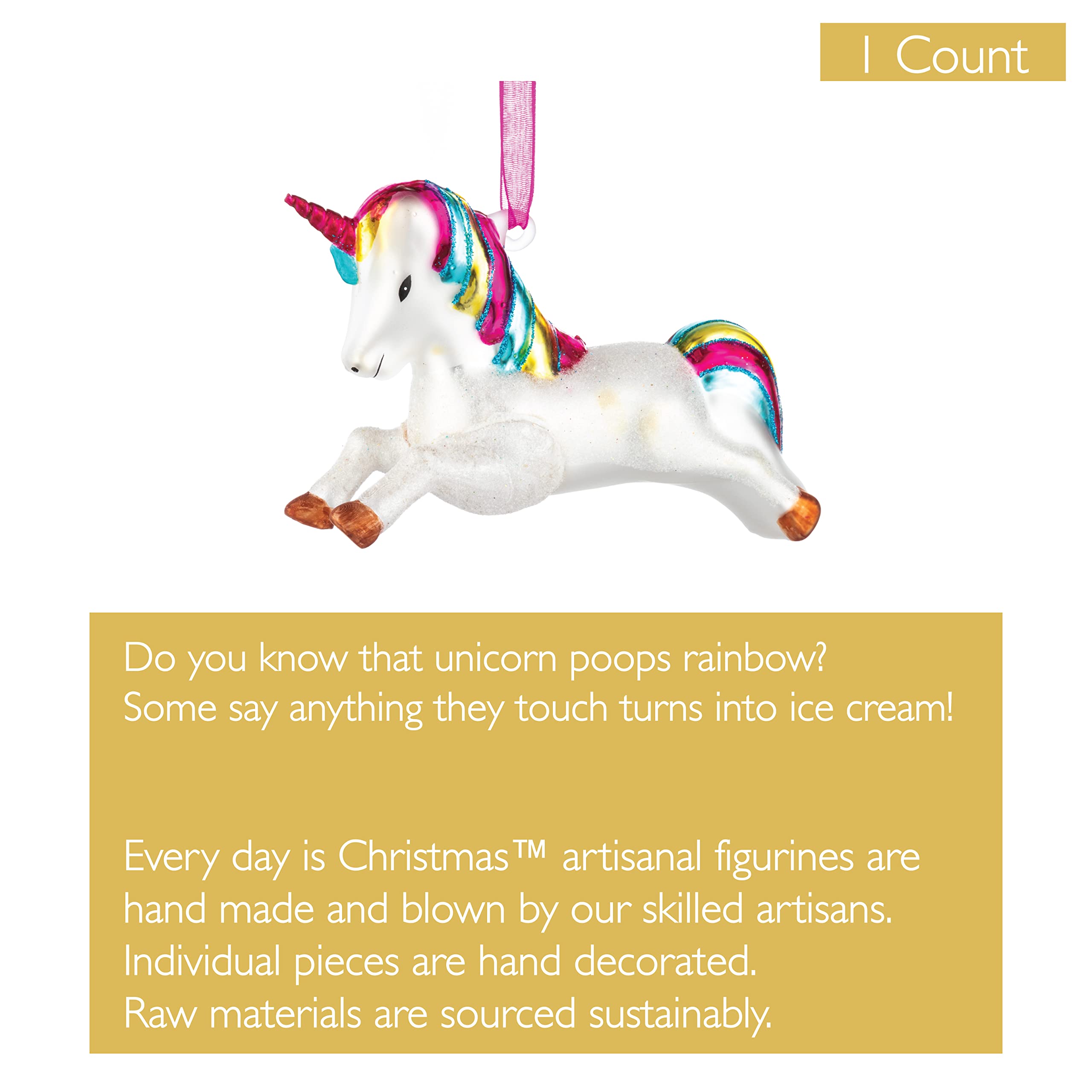 Every Day is Christmas Glass Blown Ornaments Cute Hand Made Figurines Tree Decoration, Unicorn