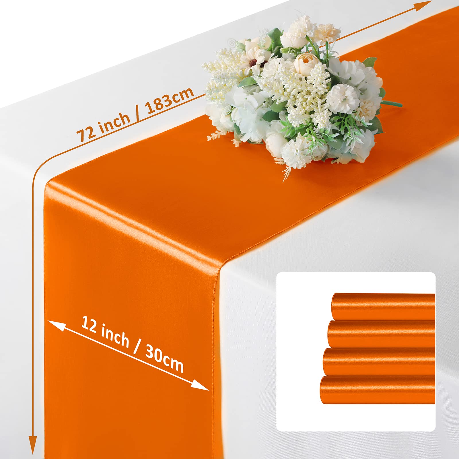Manyshofu 4Pcs Satin Orange Table Runner - 12 x 72 Inch Long Size  Party Table Runner Decor Bright & Smooth Wedding Decorations Table Runner for Banquet Chef Birthday Buffet Dinner Graduations