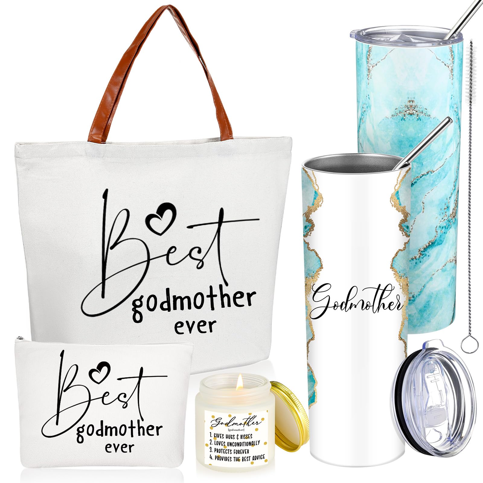 Domensi 4 Pack Godmother Gifts Set Included 20oz Stainless Steel Tumbler Cup with Straw and Lid Best Godmother Ever Gift Tote Ba