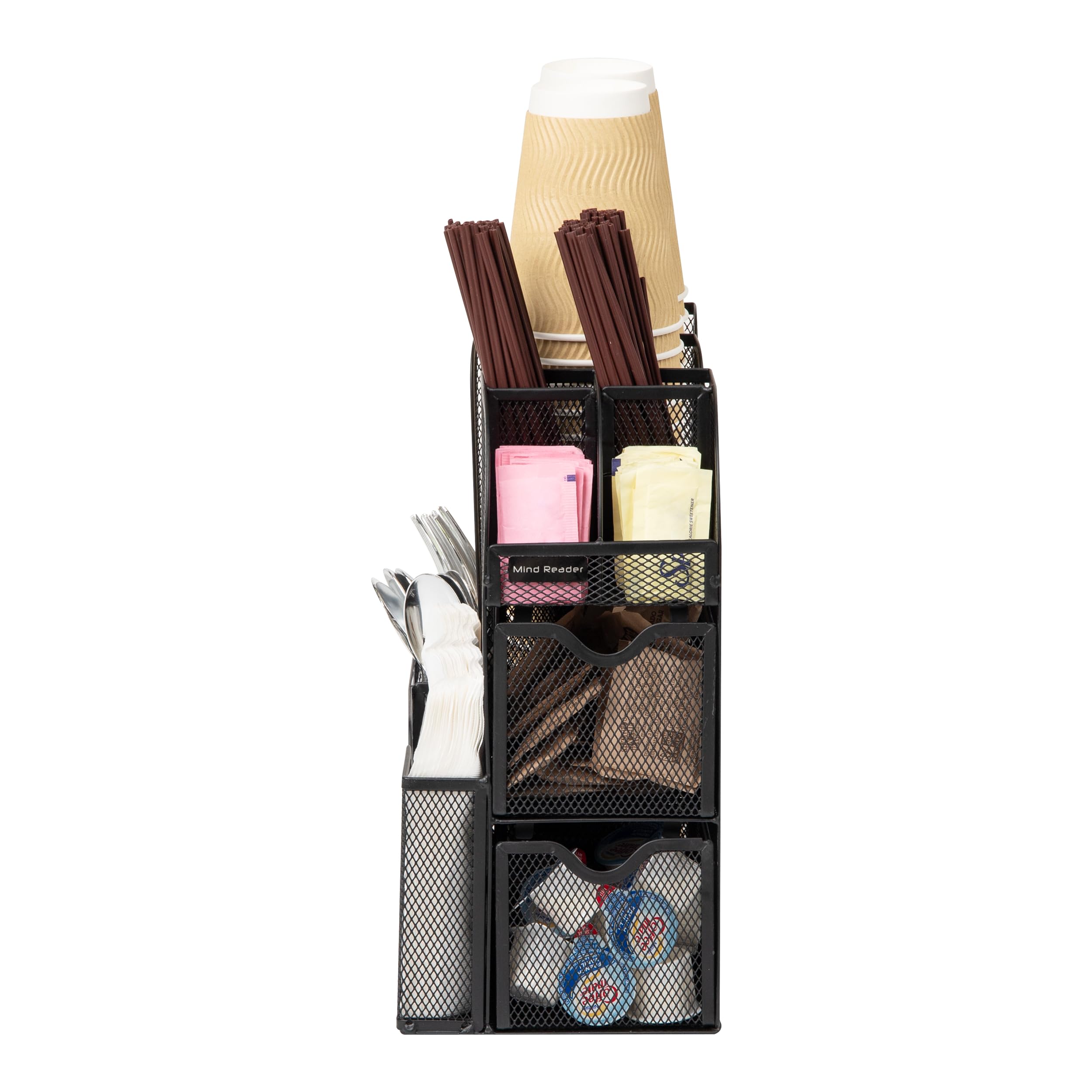 Mind Reader Cup And Condiment Station, Countertop Organizer, Coffee Bar, Kitchen, Metal Mesh, 5.75'' L X 11'' W X 11.5'' H, Blac