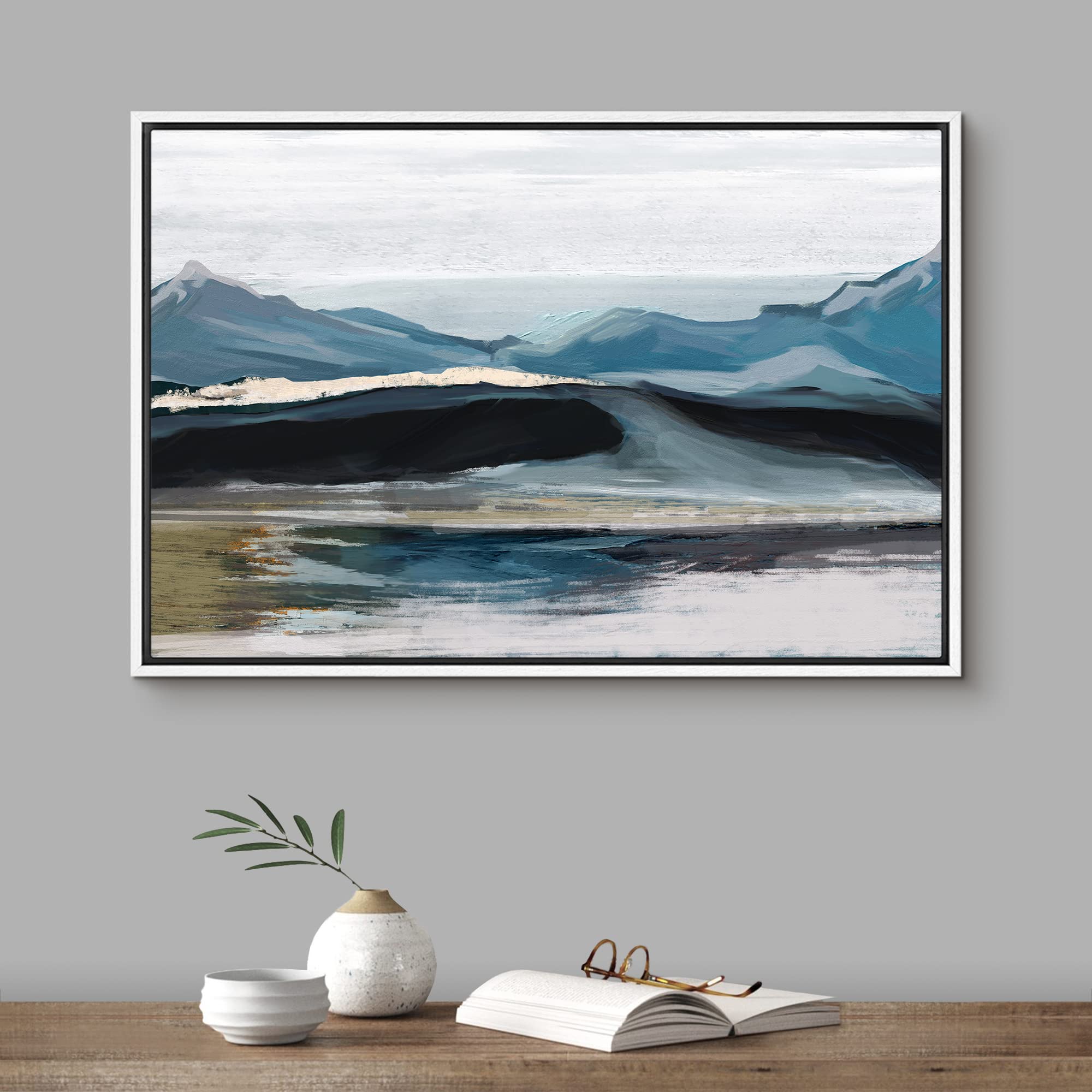 Signford Framed Canvas Print Wall Art Pastel Blue Scenic Mountain Range Nature Wilderness Illustrations Modern Art Rustic Zen La