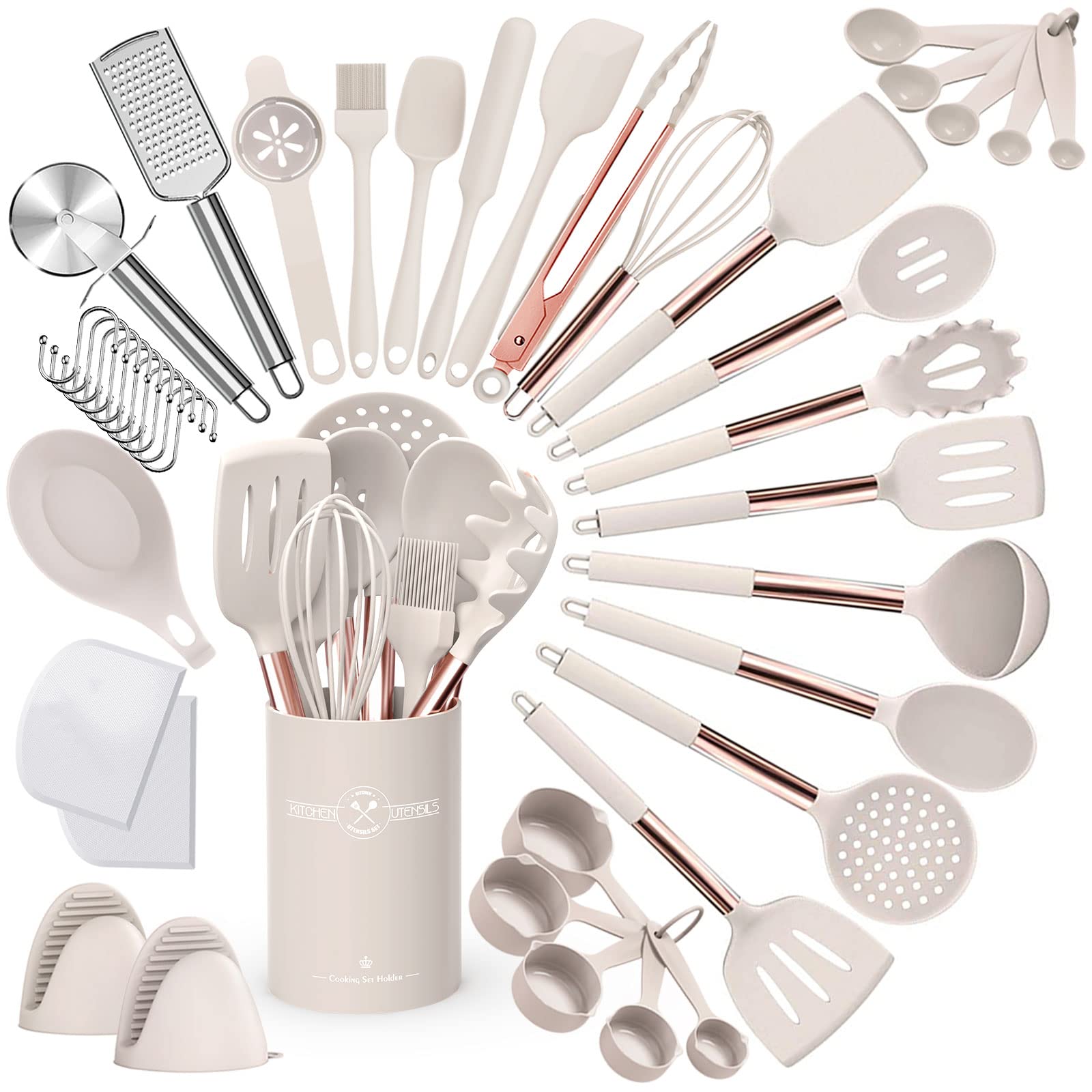 Umite Chef Silicone Kitchen Cooking Utensil Set, 43 Pcs Spatula Utensils Set With Rose Gold Stainless Steel Handle, Non-Stick He