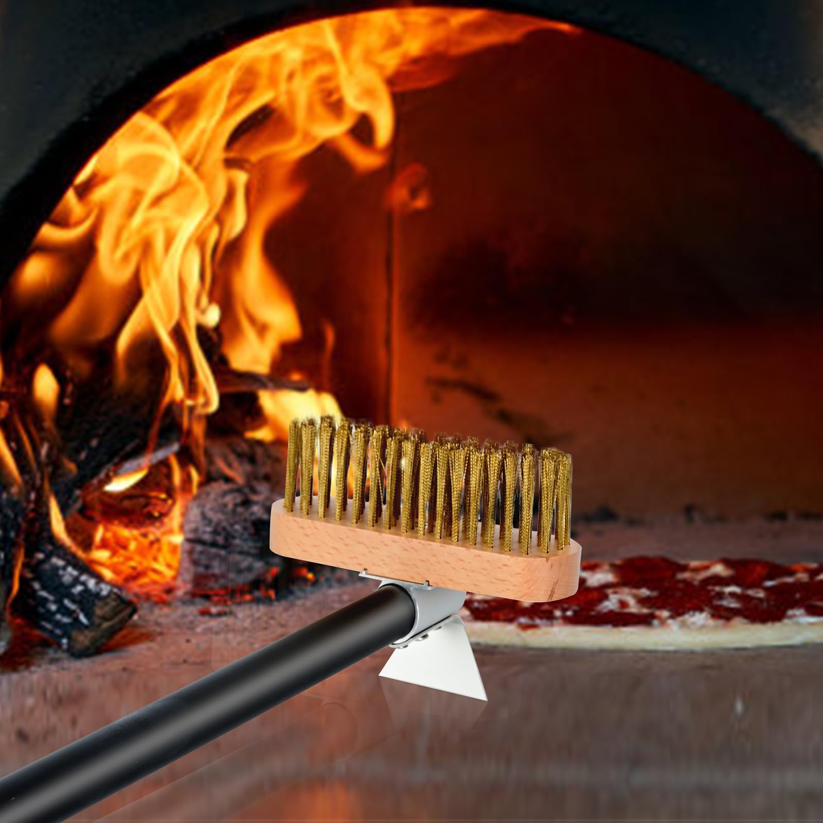 Nutuni Pizza Oven Brush With Scraper, Brass Bristles Grill Brush With 33 Or 47 Inch Long Handle, Pizza Oven Accessories