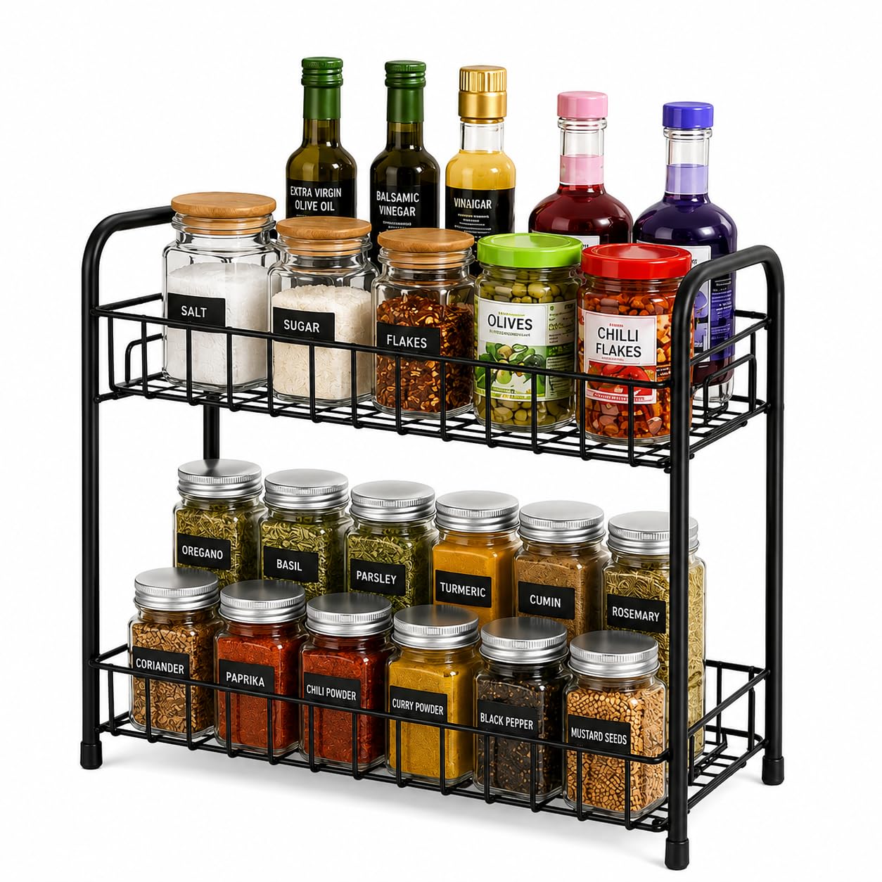 Marqo 2Tier Kitchen Counter Organizer Rack, Black Metal Wire | 40X30X15 Cm, Spice Jar And Utensil Storage