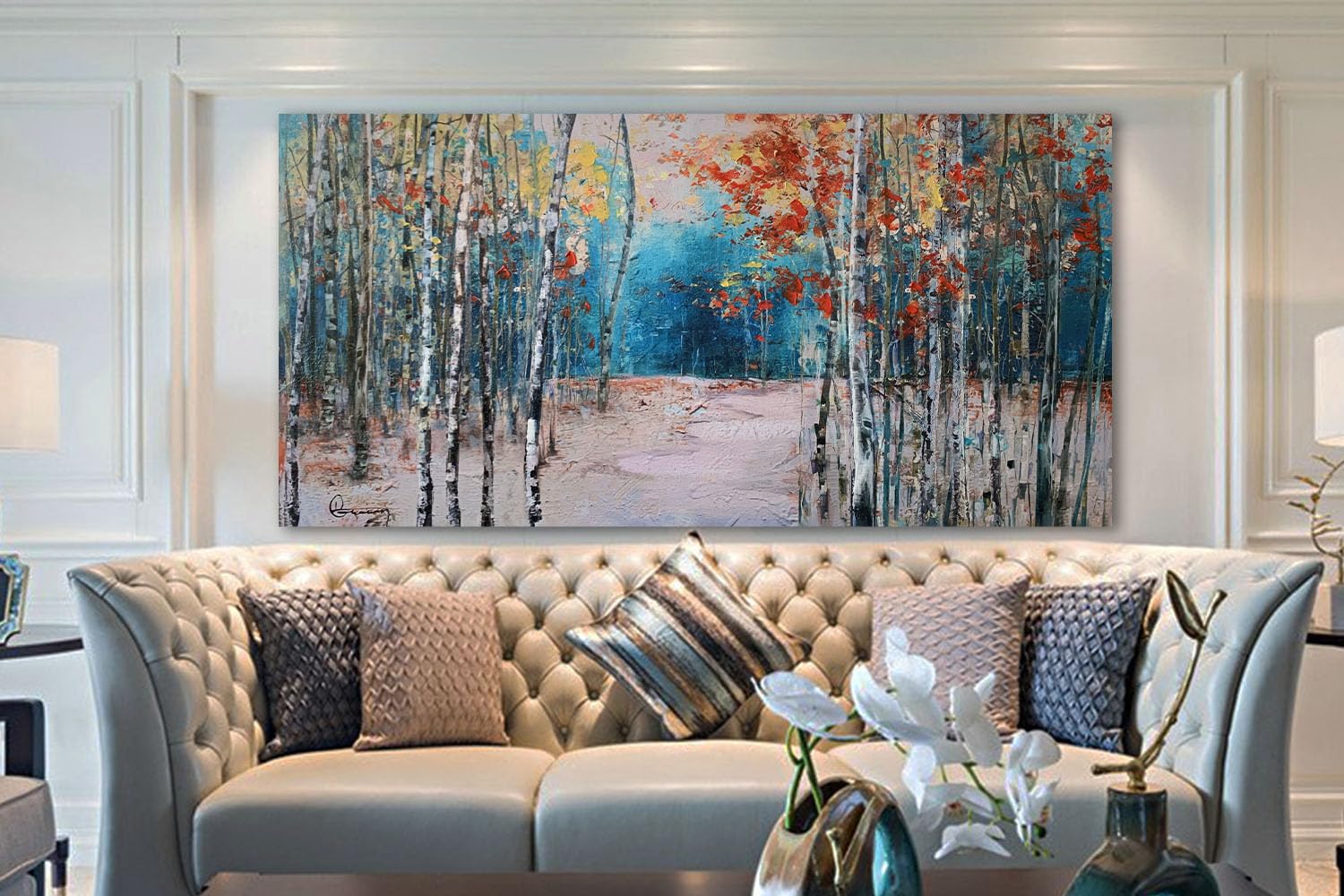 Ardemy White Birch Tree Canvas Wall Art Blue Forest Painting Landscape Panoramic Picture  Teal Nature Artwork Extra Large Framed for Living Room Bedroom Dinning Room Home Office Wall Decor 60''x30''