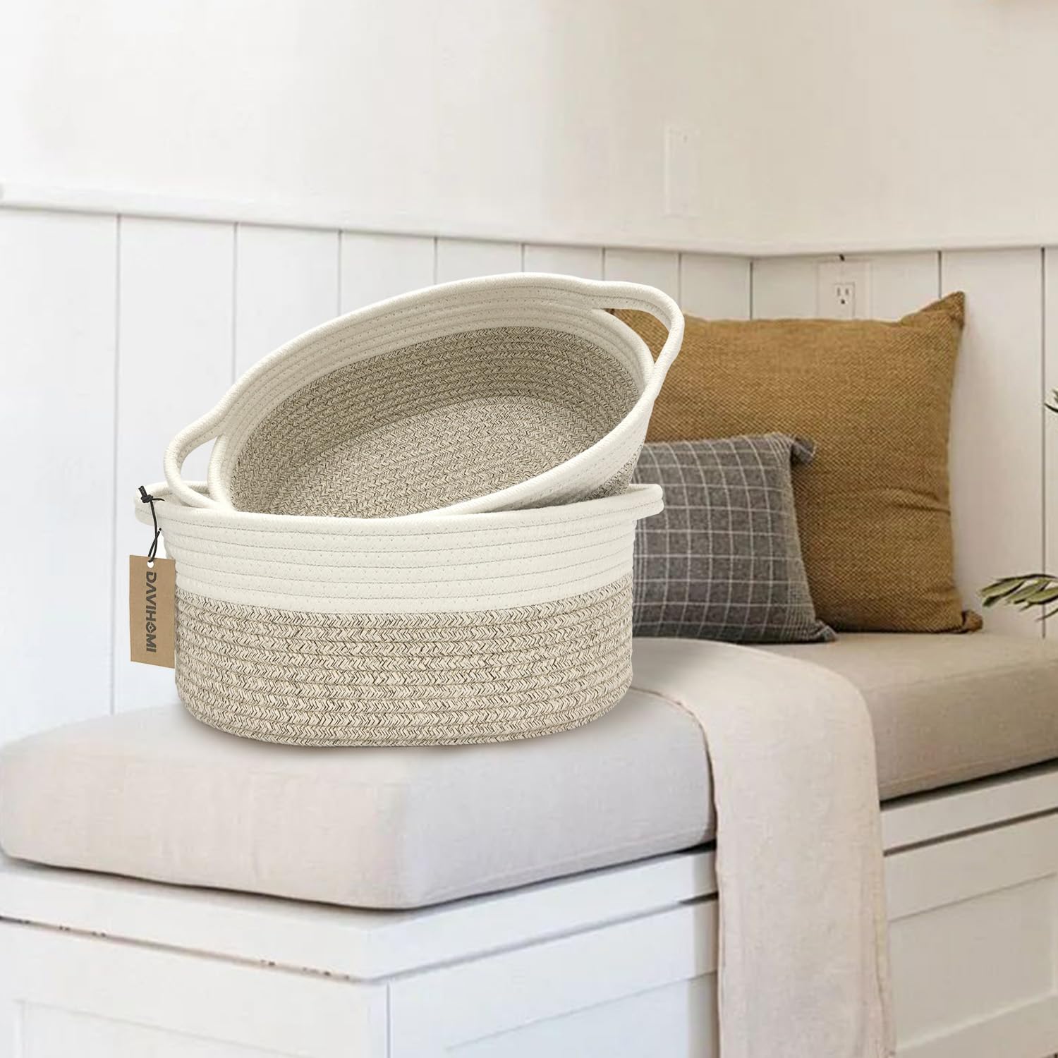 Davihomi 2-Piece Shelf Storage Basket With Handles|Cotton Rope Basket|Cat Dog Baskets|Closet Storage Basket For Laundry Room|Sto
