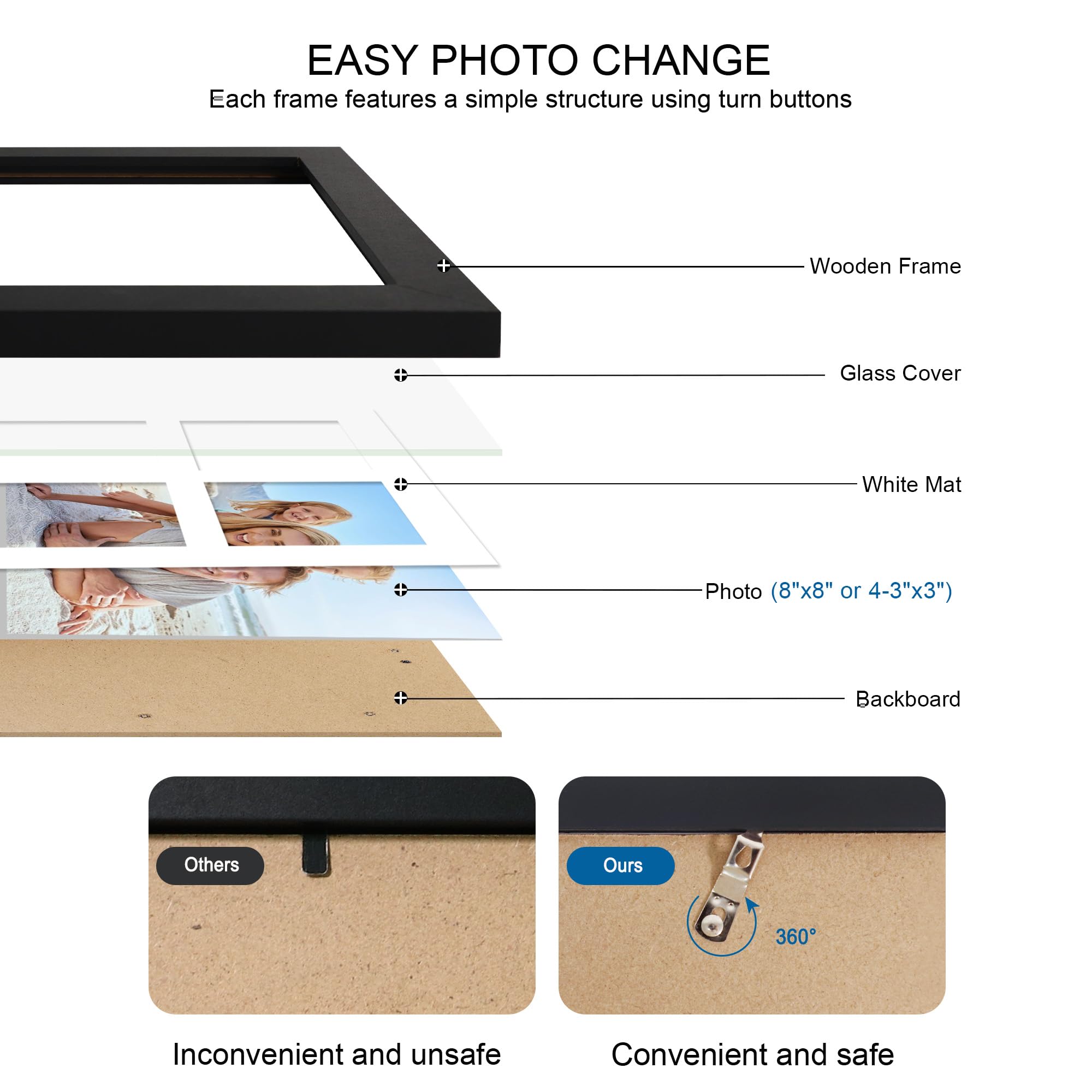 Hongkee 8x8 Picture Frame Set of 2, with Glass and Black Wood Frames, Display Collage Four Opening 3x3 With Mat or 8 x 8 Without