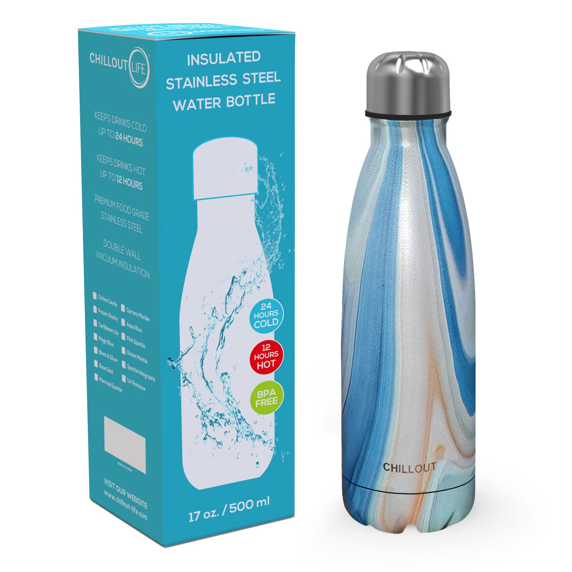 CHILLOUT LIFE Stainless Steel Water Bottle - 17 oz Double Wall Insulated, Ocean Marble, BPA Free, Perfect for Cold & Warm Drinks