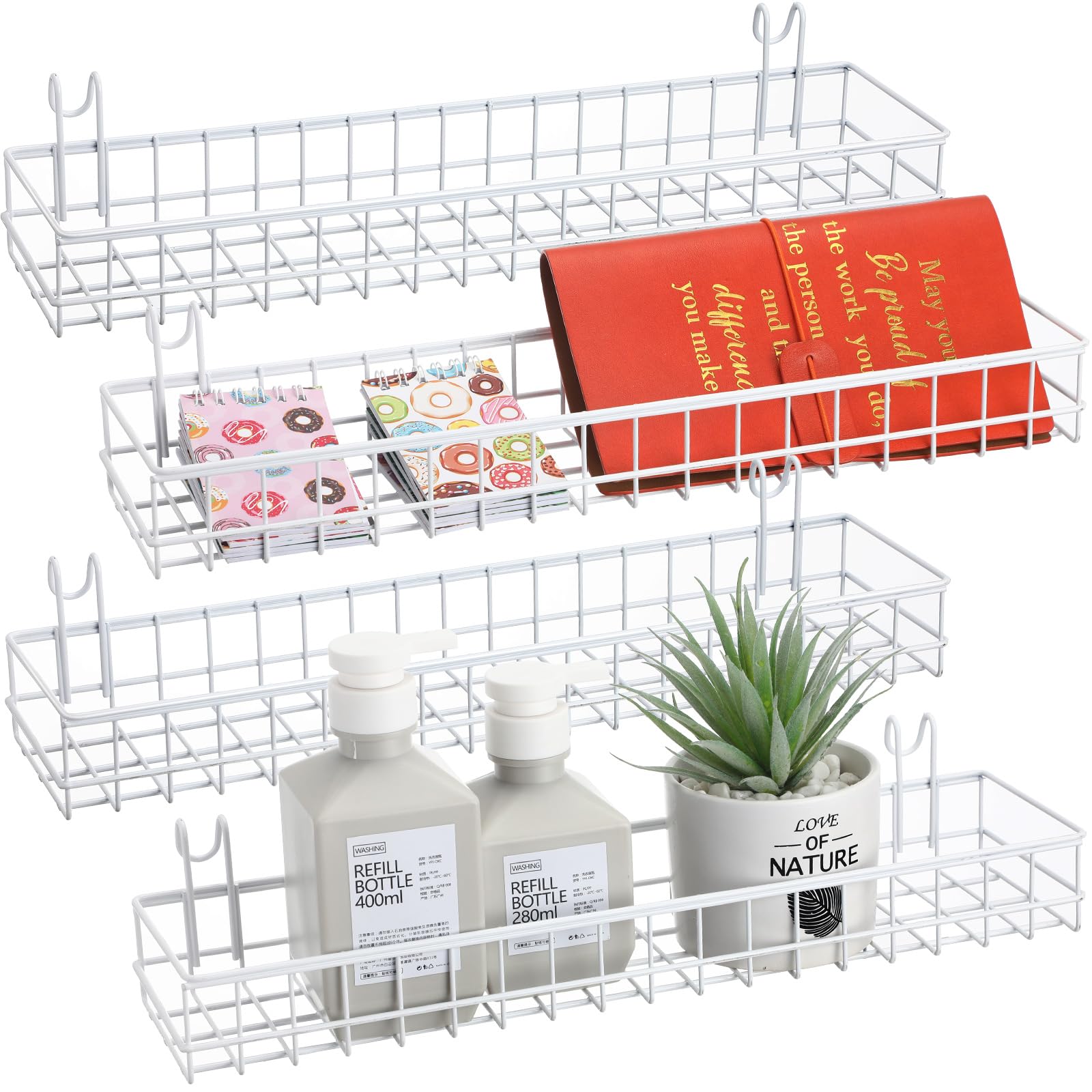 Blulu 4 Pcs Grid Wall Shelf Panel Basket, 15.75 x 3.94 x 1.97 Inch, White