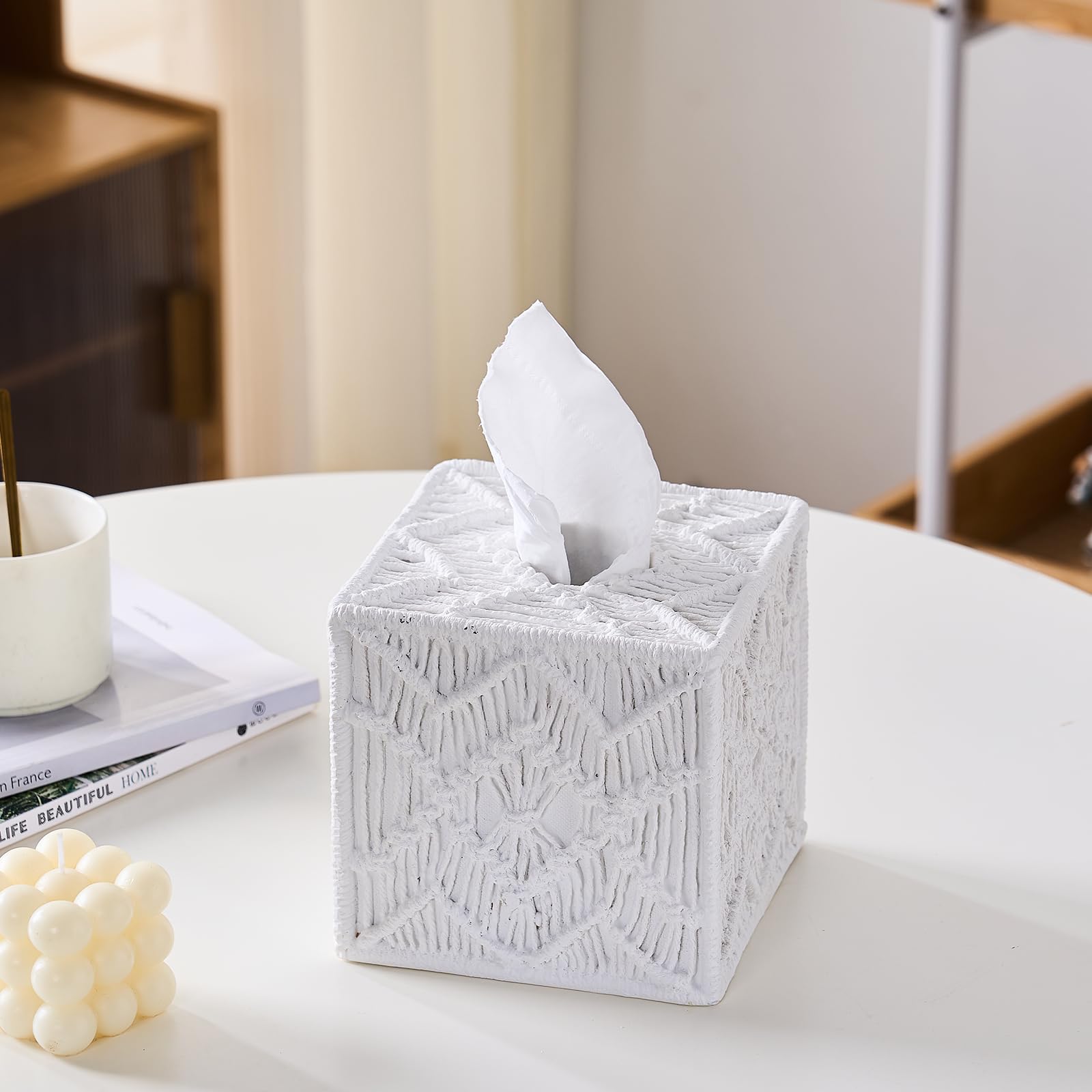 Boho Tissue Box Cover Macrame Square For Home Decor,Resin Heavy Woven Tissue Box Holder For Bathroom Countertop,Bedroom, Living