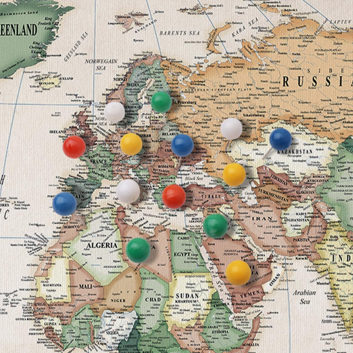 Renditions Gallery Colorful World Map Canvas Wall Art With Black Frame Wall Hanging Travel Map With Push Pins For Home, Office,