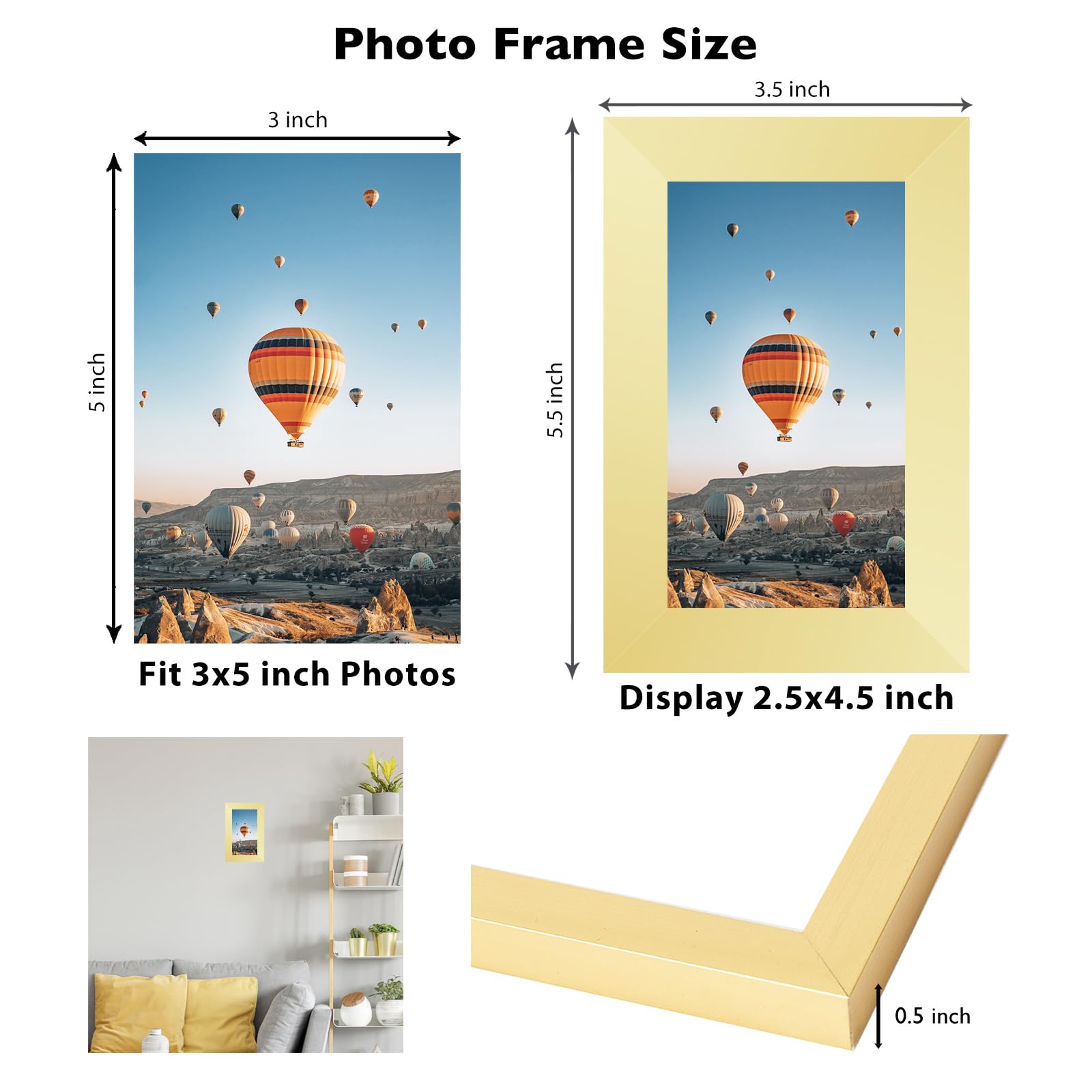 JCJMY 3x5 Picture Frame Gold for Tabletop, 3 x 5 Photo Frame with Shatter Resistant Plexiglass, Sturdy 3 by 5 Poster Frame, Gold