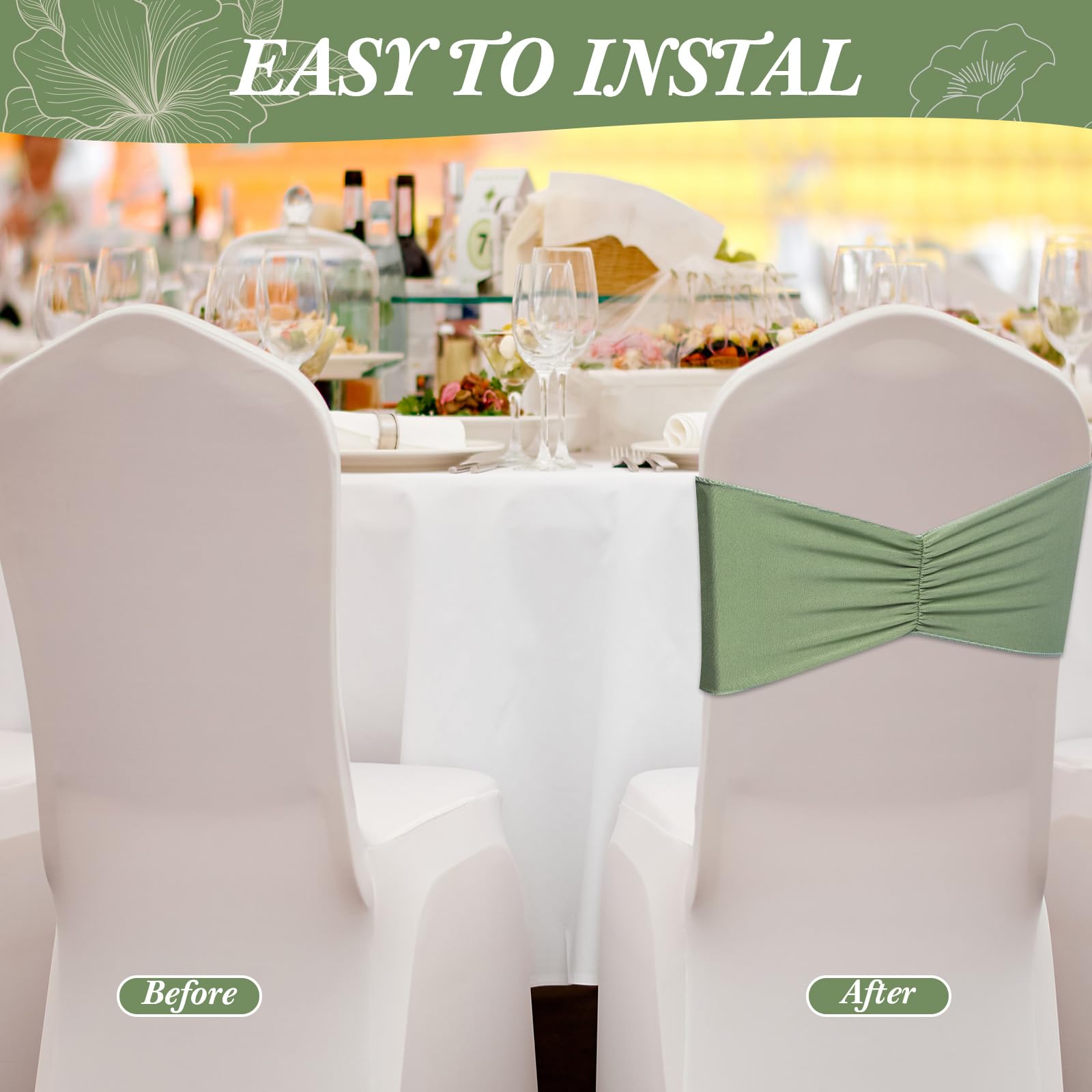 Moukeren 150 Pcs Spandex Chair Sashes Bows Bands Chair Covers Decorations Elastic Ribbon Seat Ties for Wedding Birthday Party Ba