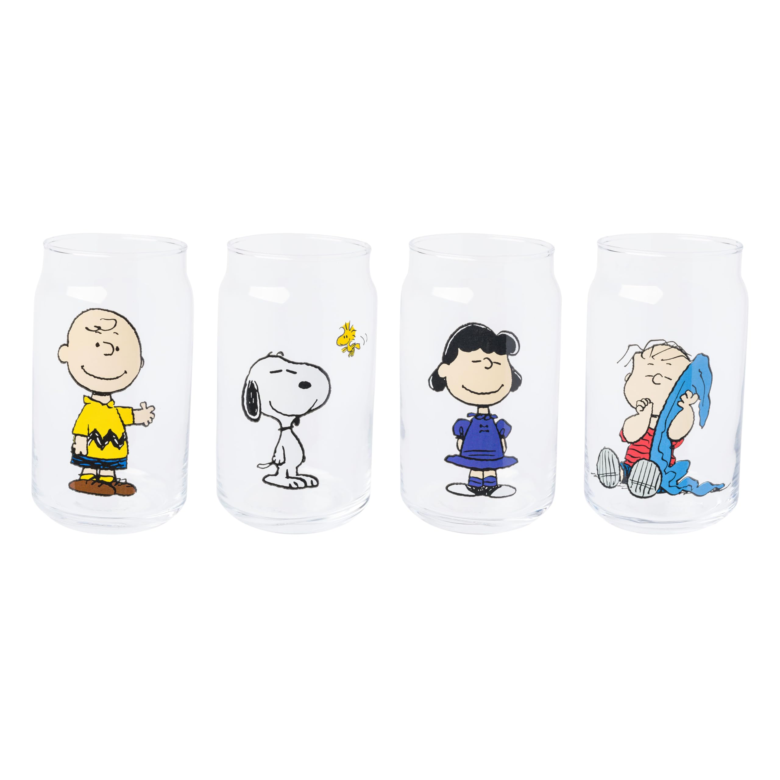 Silver Buffalo Peanuts Featuring Charlie Brown, Snoopy, Woodstock, Lucy, and Linus 4 Pack Pint Can Glass Set, 16 Ounces