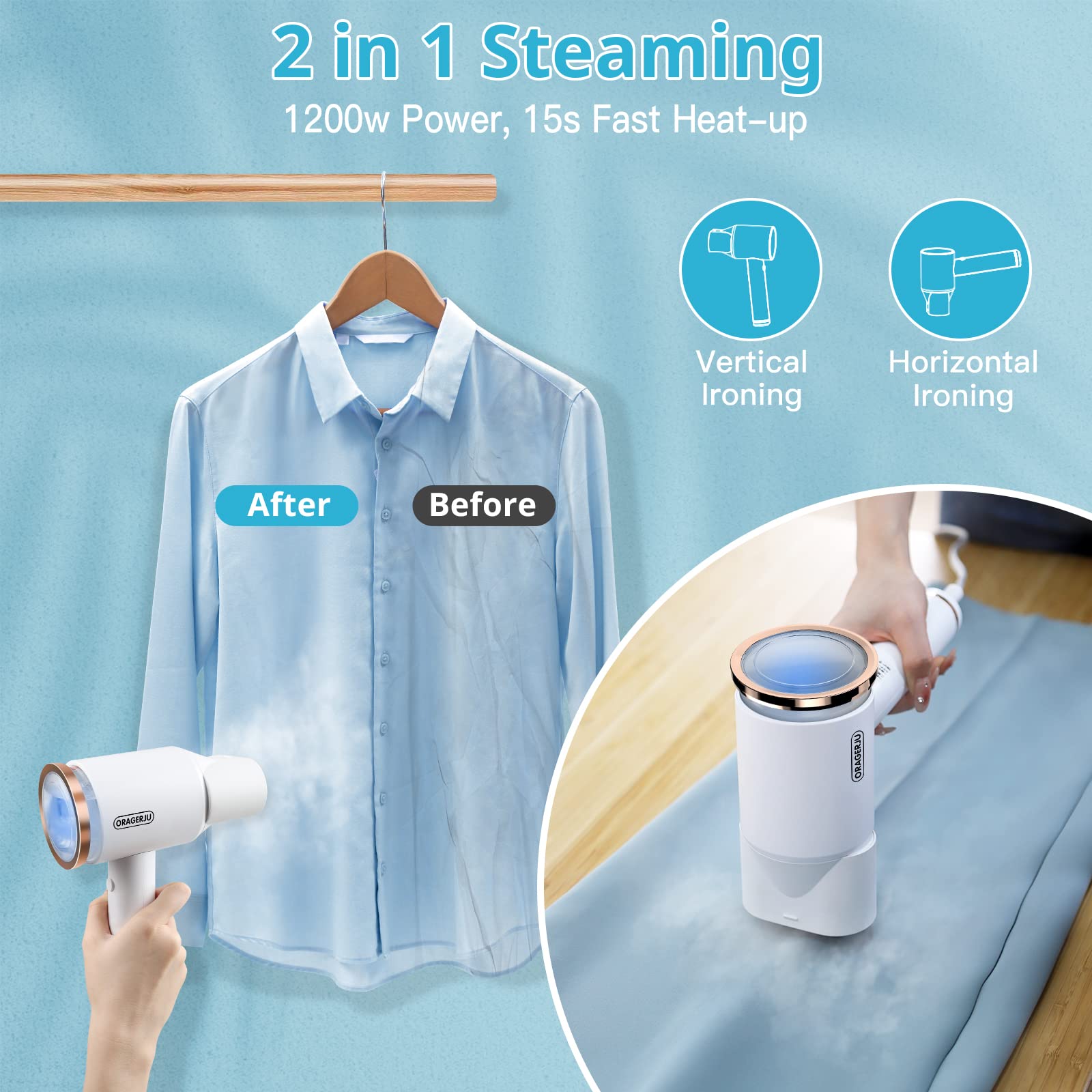 Portable Steamer for Clothes  Oragerju 2 in 1 Handheld Steamer and Iron  15s Fast Heat-up  2 Steam Modes  1200w Auto Shut-Off Garment Steamer for Travel and Home  170ML Detachable Water Tank