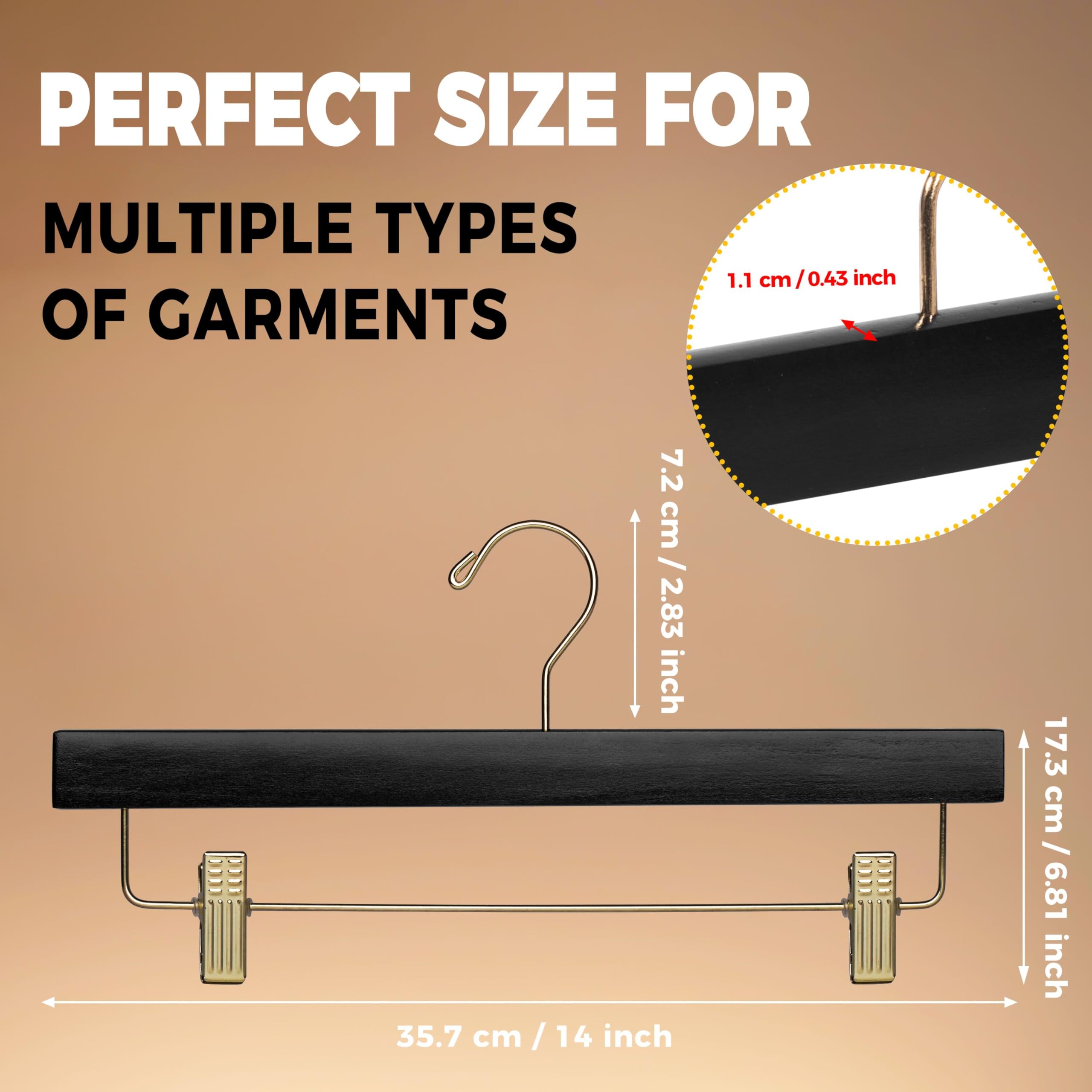 Quality Hangers Black Wooden Pants Hangers - 20-Pack Swivel Hook Cloth Hanger Set - Lotus Wood Skirt  Pant  Shorts and Slack Hangers with Adjustable Clip - Black Clothing Hanger (Gold Hook  20)