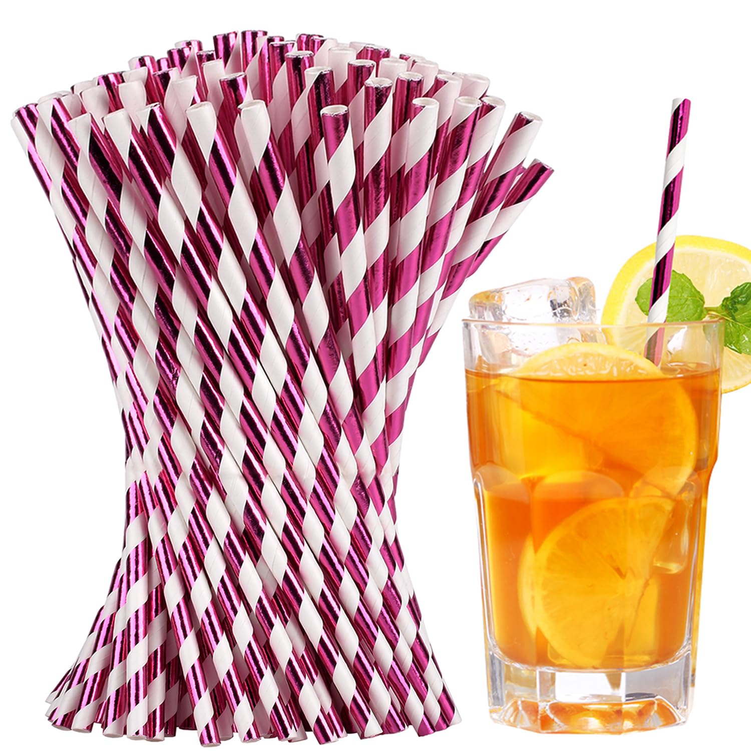 Paktalk Striped Paper Straws, 100Pack Metallic Rose Gold Striped Disposable Straws For Drinking Biodegradable Paper Straws For V