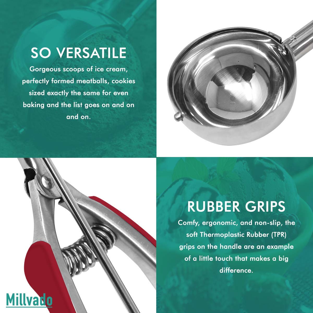 Millvado Stainless Steel Ice Cream And Cookie Millvado 3 Pack Stainless Steel Ice Cream And Cookie Scoops | With Red Rubber Grip