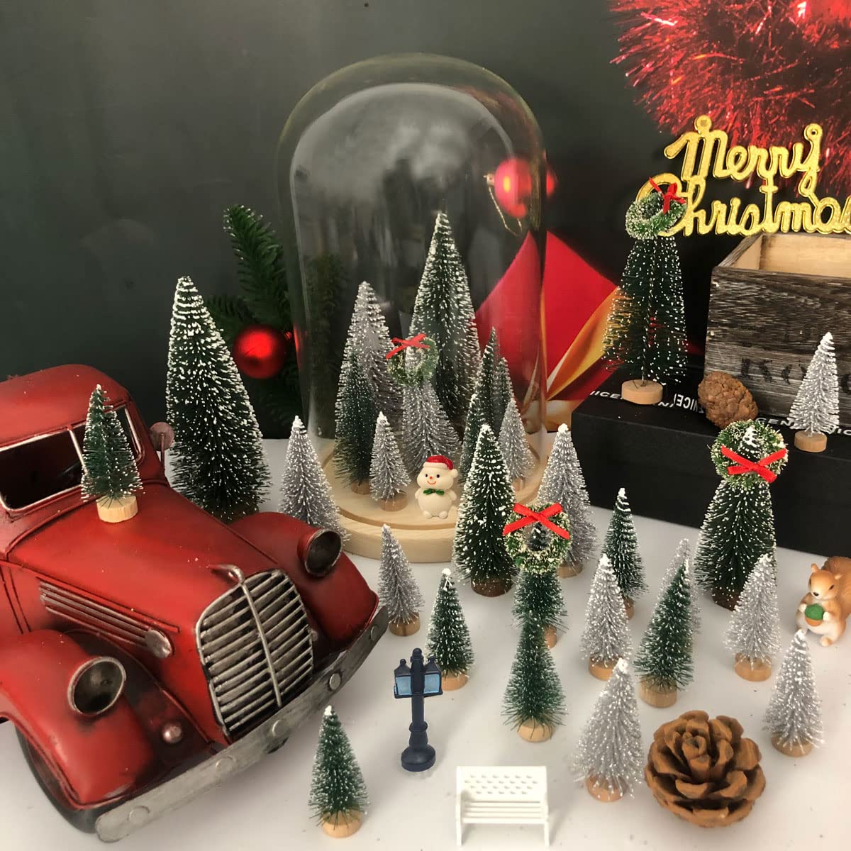 NotiGat Miniature Christmas Pine Tree mini Bottle Brush Christmas Trees Table top Village Winter Tree for Christmas Decorations