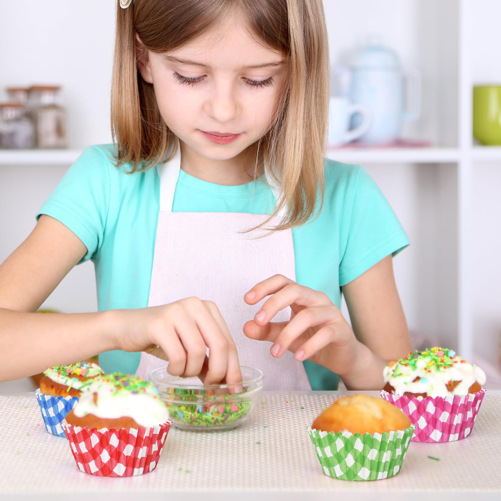Whaline 600Pcs Buffalo Plaid Cupcake Liners Colorful Gingham Cupcake Wrappers Checkered Baking Cups Muffin Baking Liners For Bab