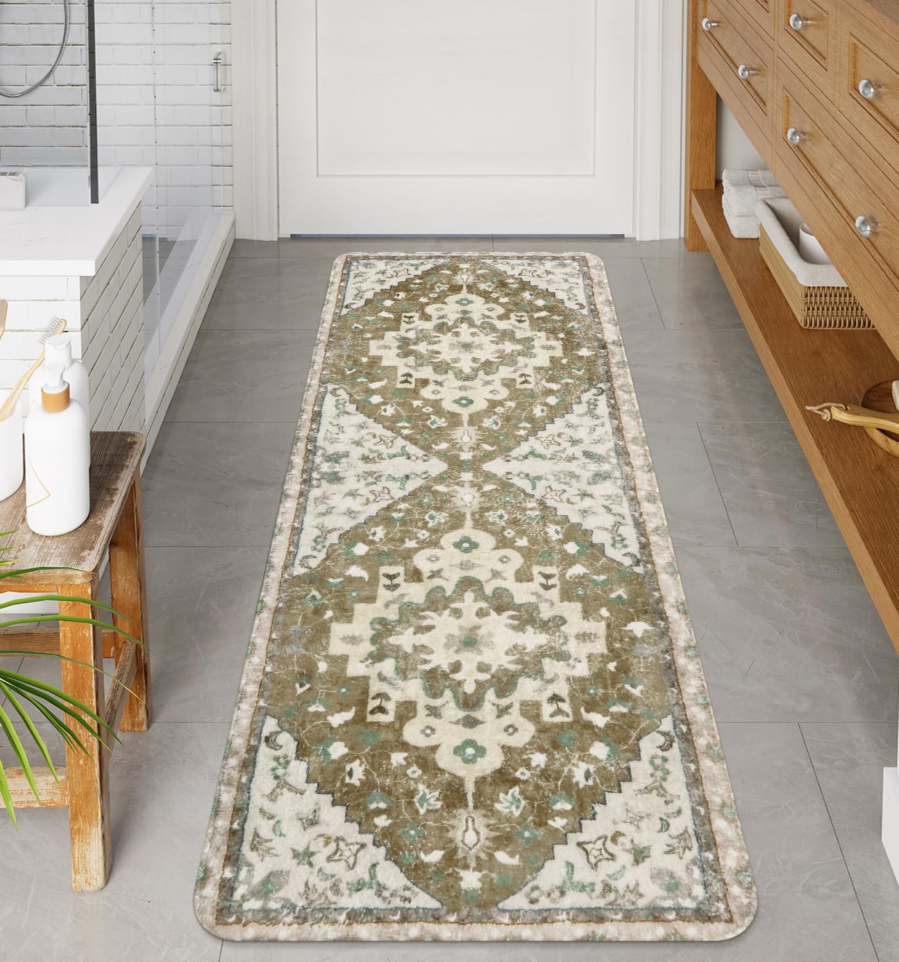 Uphome Boho Long Bathroom Rug Khaki Non-Slip Soft Bedroom Rug Oriental Tribal Machine Washable Kitchen Rug Farmhouse Floral Aest