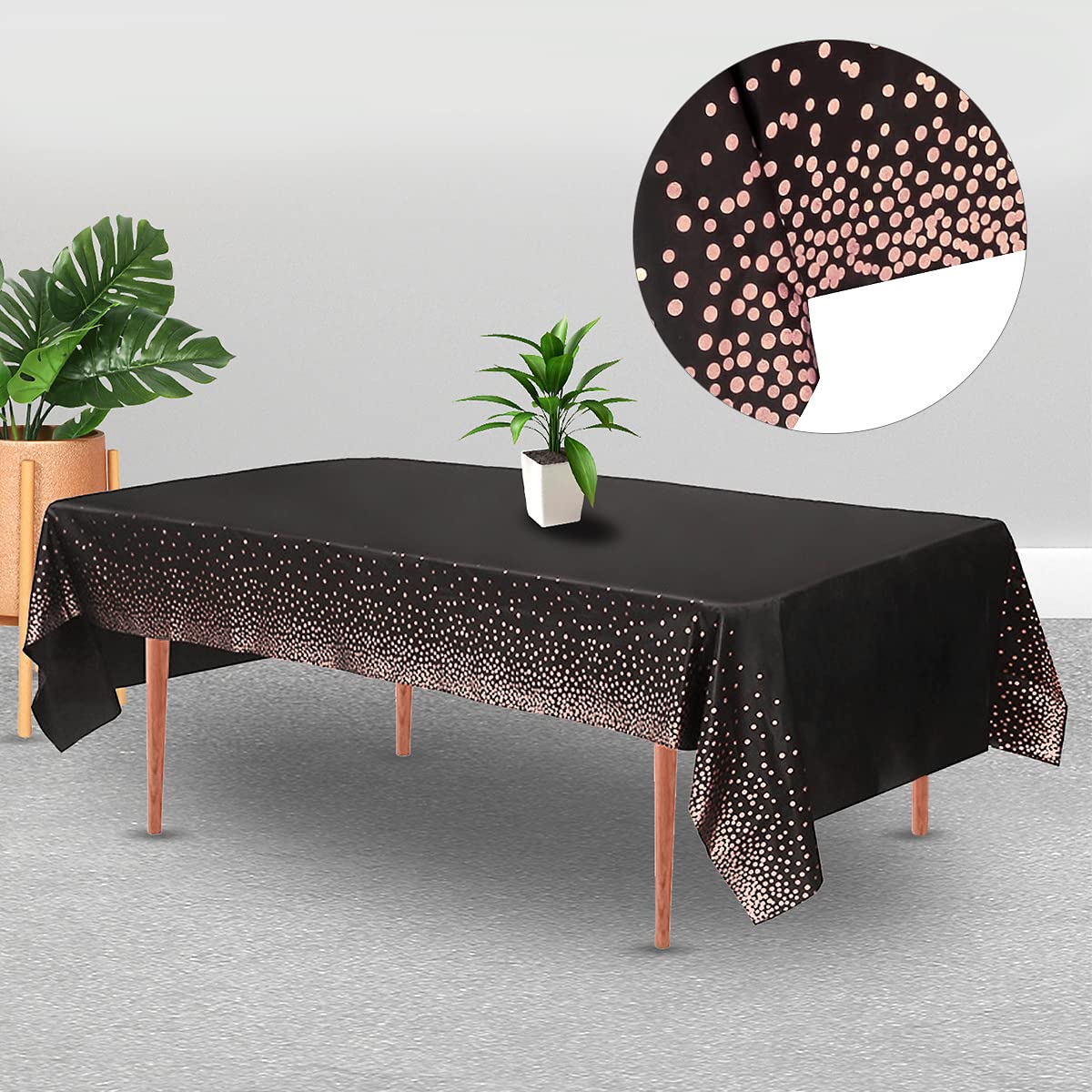 Jepeux 2 Packaging Black And Rose Gold Plastic Tablecloth, 54  ''X108 Rectangular Disposable Dot Table Cover, Suitable For Birth