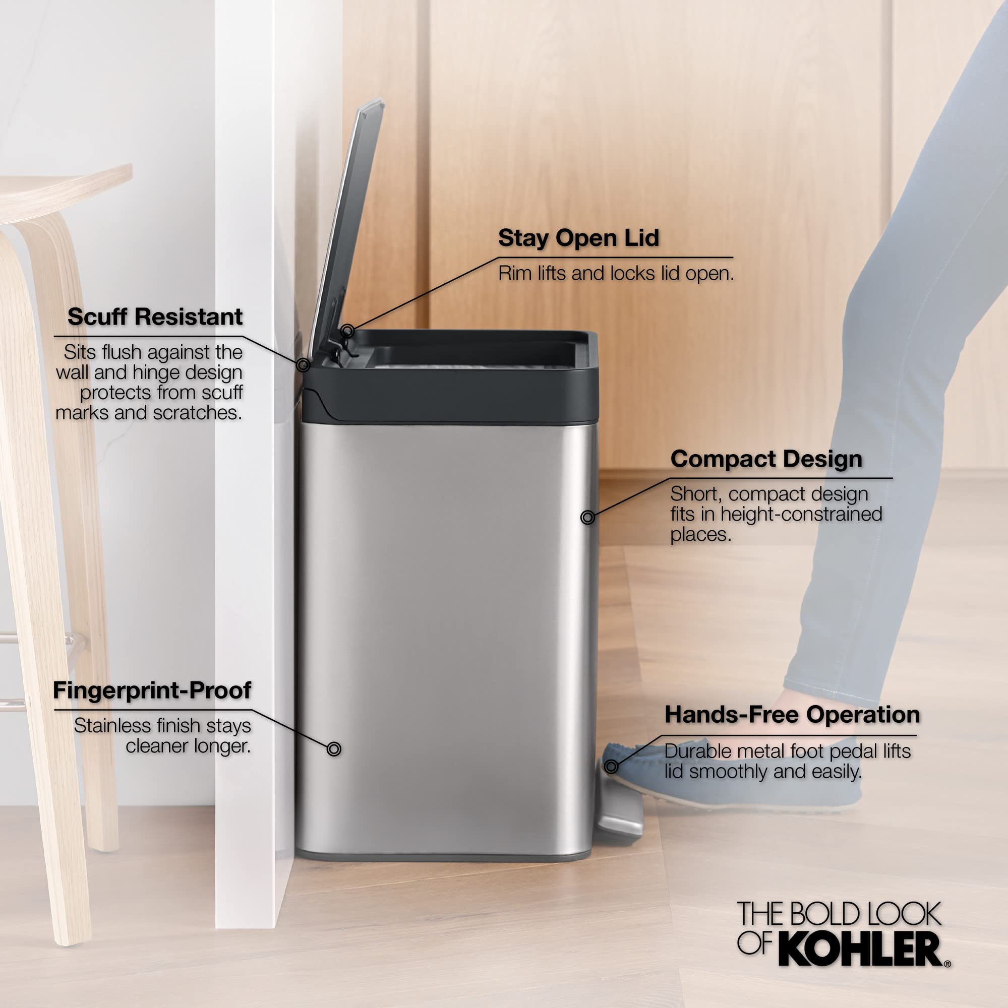 Kohler K-20942-Bst 8-Gallon Compact Black Stainless Step Trash Can, Black Stainless,Black Stainless Steel