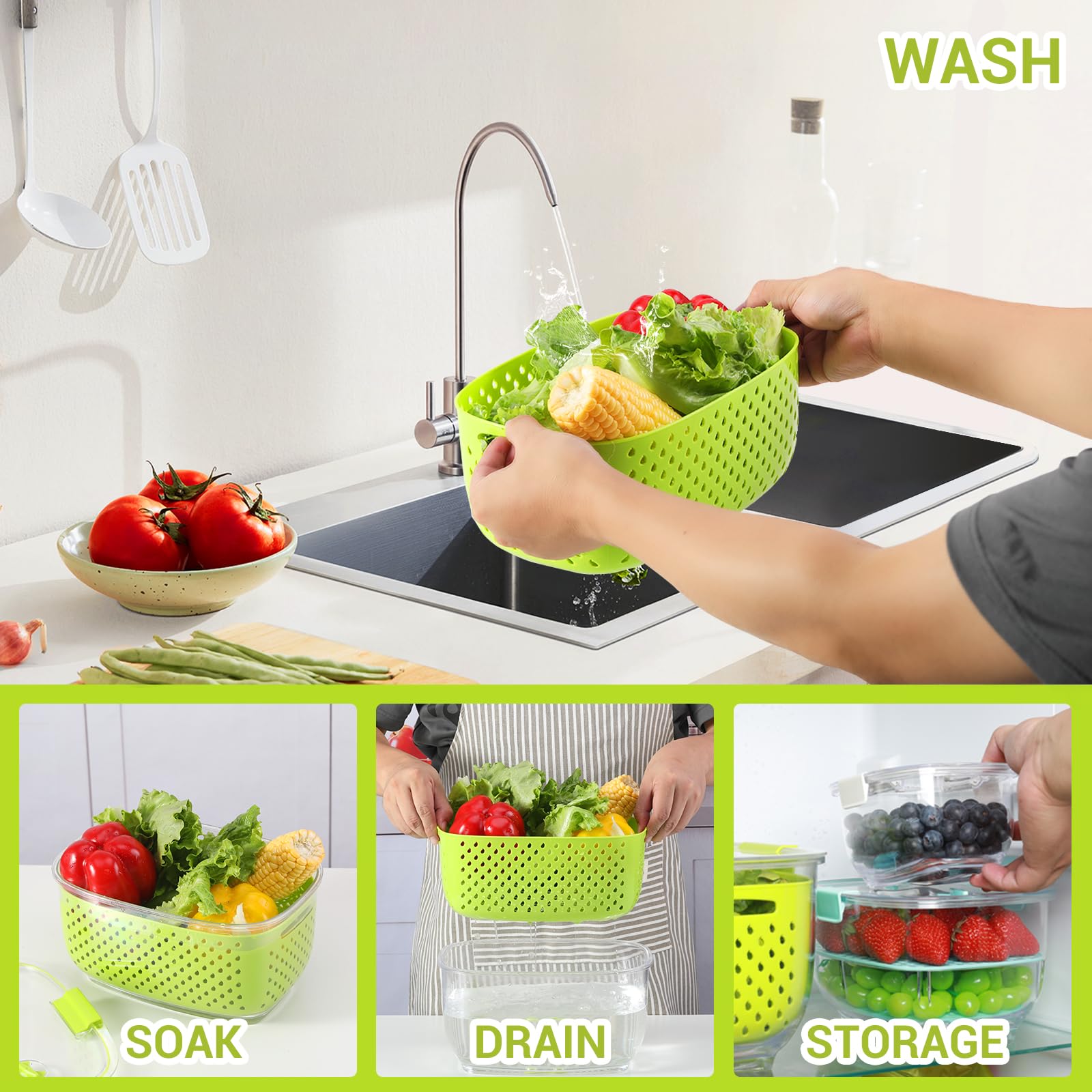 Luxear Fresh Produce Vegetable Fruit Storage Containers 3Piece Set, Bpa-Free Fridge Storage Container, Partitioned Salad Contain