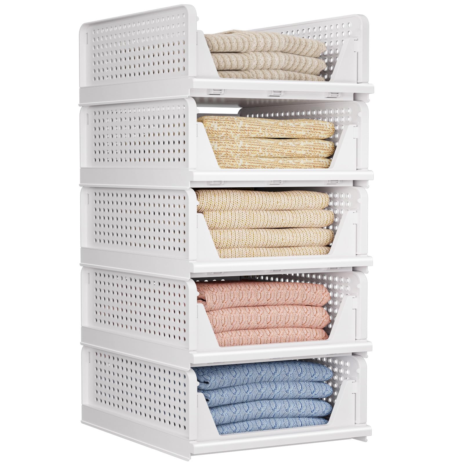 5 Pack Folding Closet Organizers Storage Box, Stackable Storage Bins, Plastic Drawer Basket Closet Storage For Wardrobe Cupboard