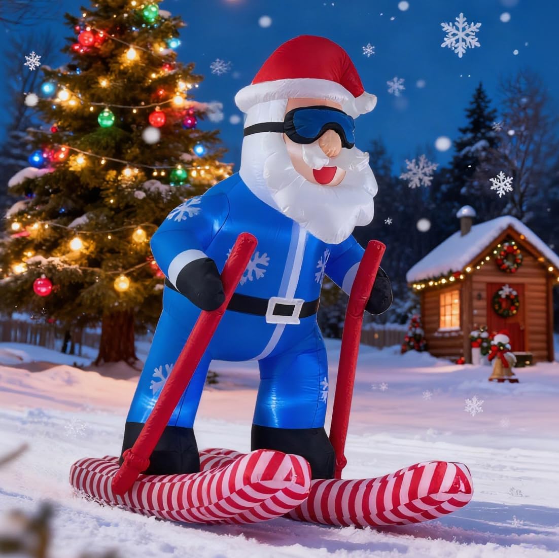 8FT Christmas Inflatable Skiing Santa Claus Decor, Blow Up Weatherproof Xmas Decorations for Yard, Built-in LED Light for Garder