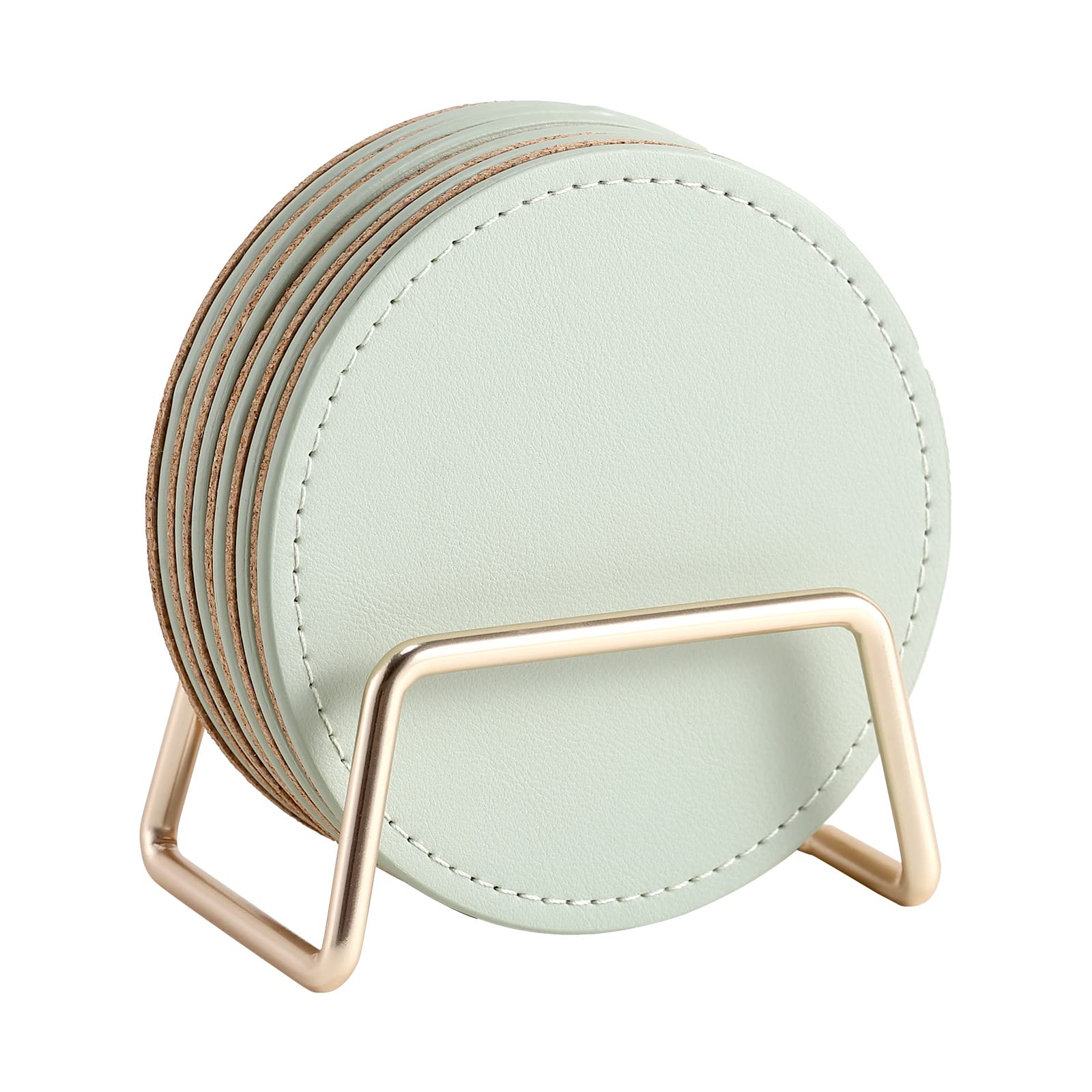 Casegrace Drink Coasters With Metal Holder Stand Set Of 6, Pu Leather Absorbent Coasters With Cork Base Table Coaster Set Decora