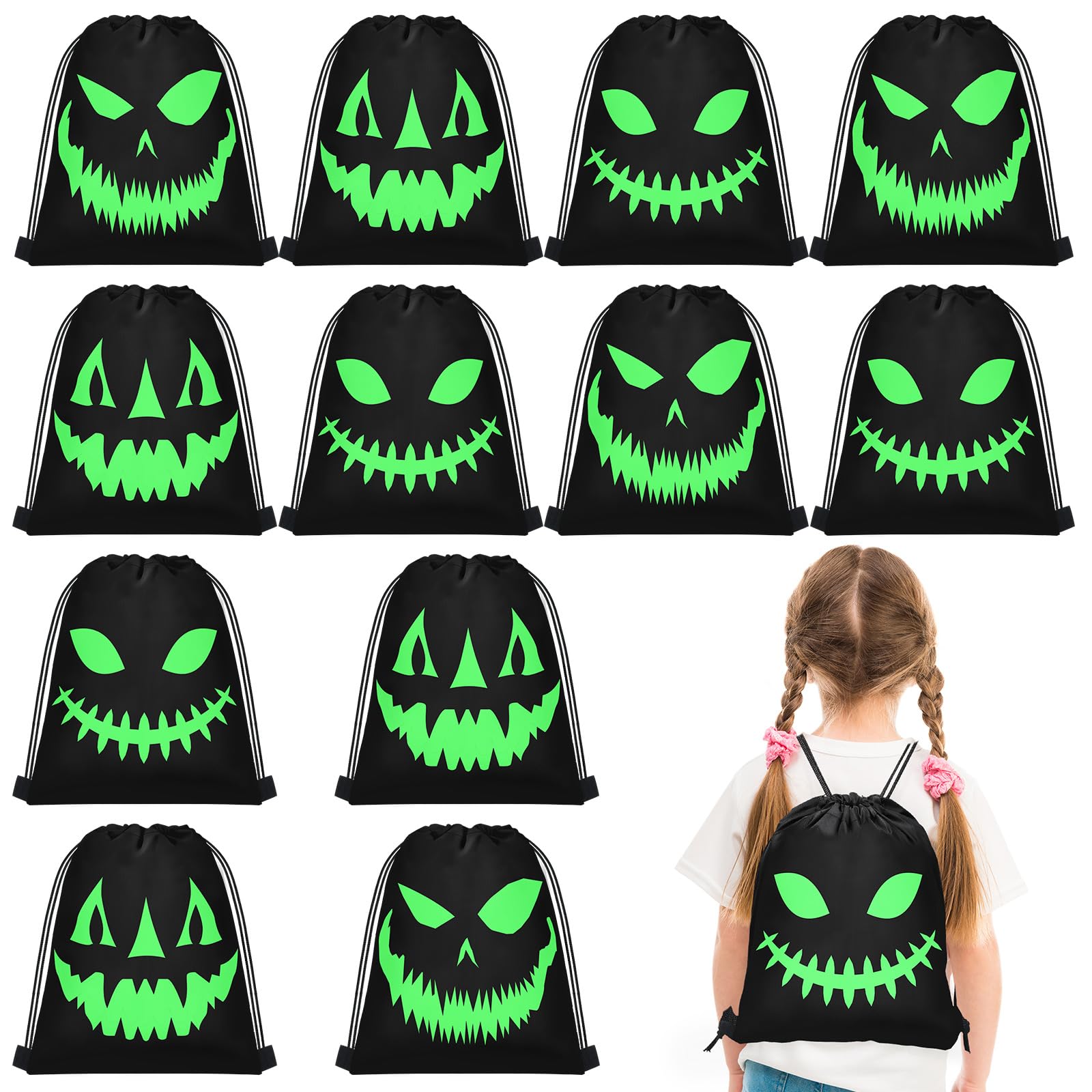 Yeyeplum 12 Pcs Halloween Glow in The Dark Ghost Luminous Drawstring Bag Light up Trick or Treat Bag Fierce Ghost Reusable Candy