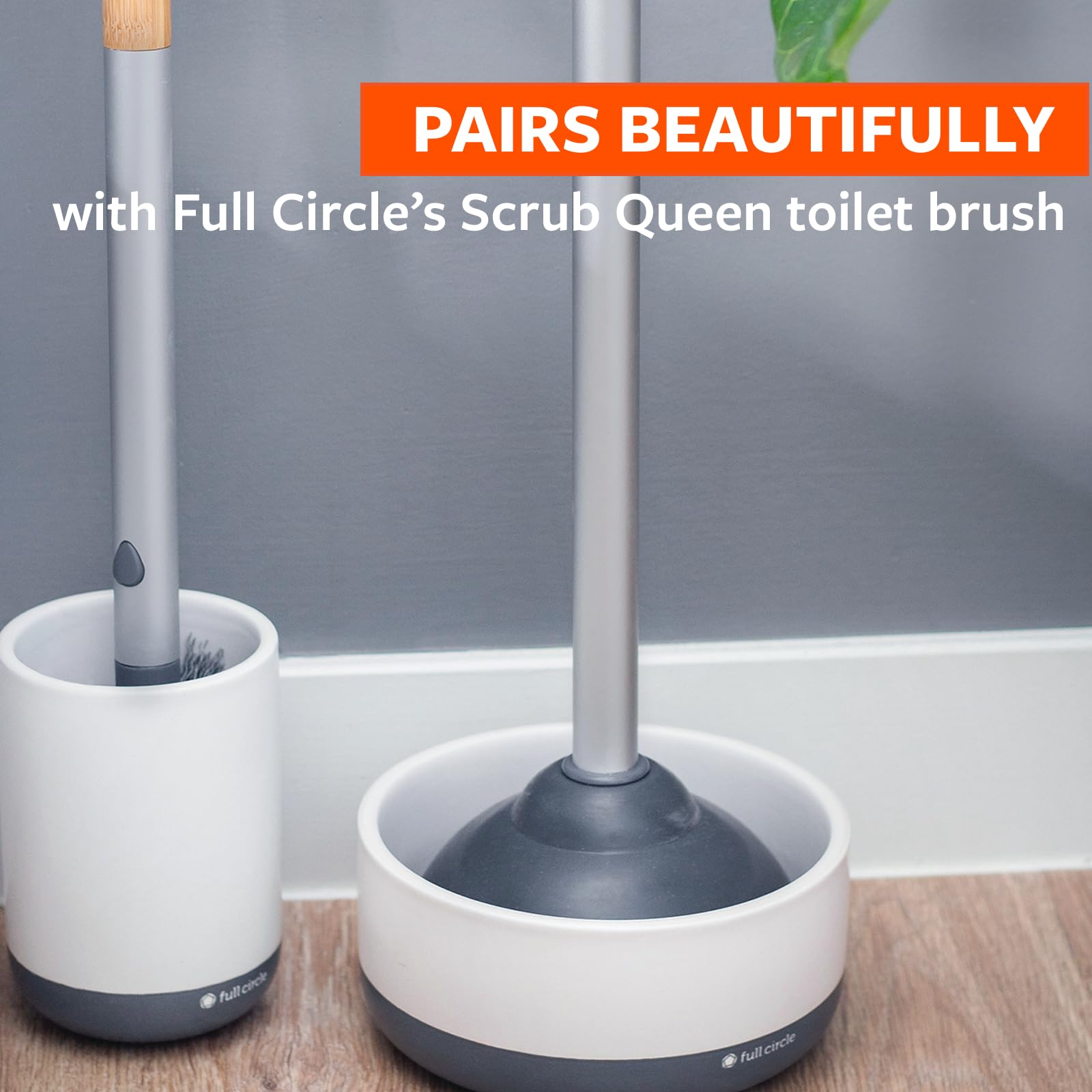 Full Circle Royal Plunge - Bathroom Toilet Plunger With Bamboo Handle And White Ceramic Holder