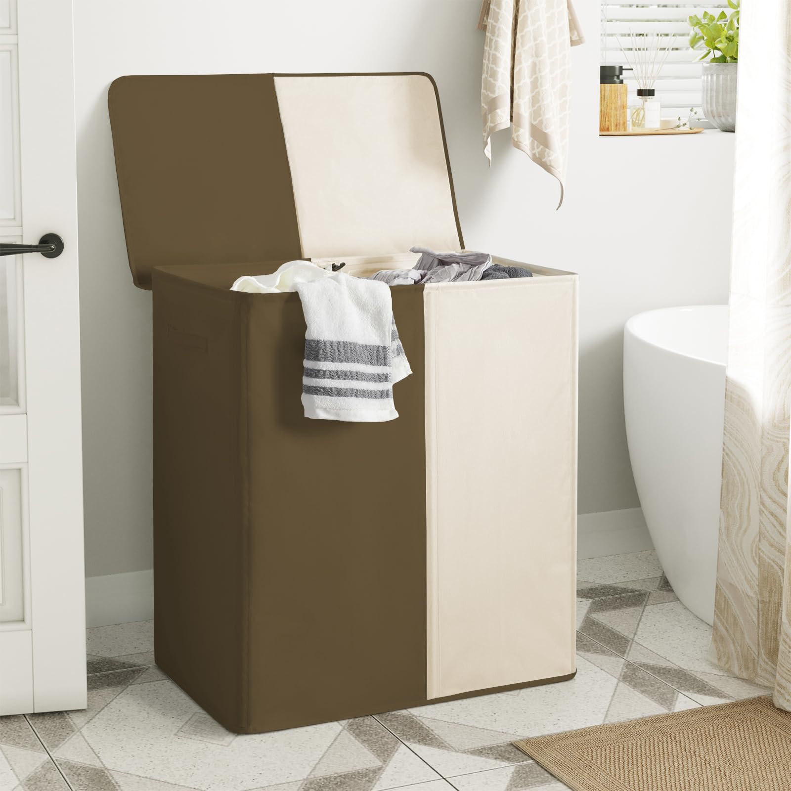 Wowlive Double Laundry Baseket With Lid And Removable Laundry Bags,154L Large Laundry Hamper 2 Section Collapsible Dirty Clothes