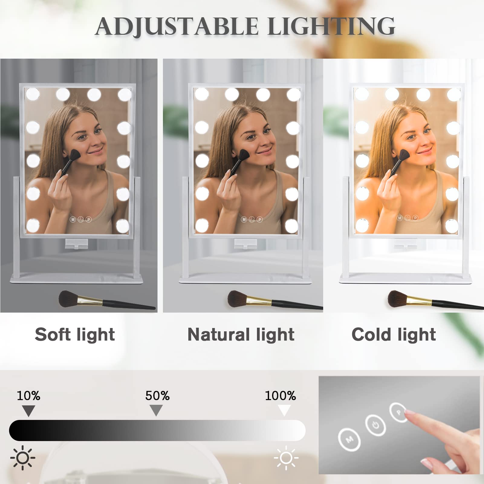 Bwllni Vanity Mirror With Lights, Hollywood Lighted Makeup Mirror With Phone Holder, Smart Touch Control, 3 Color Lighting Modes