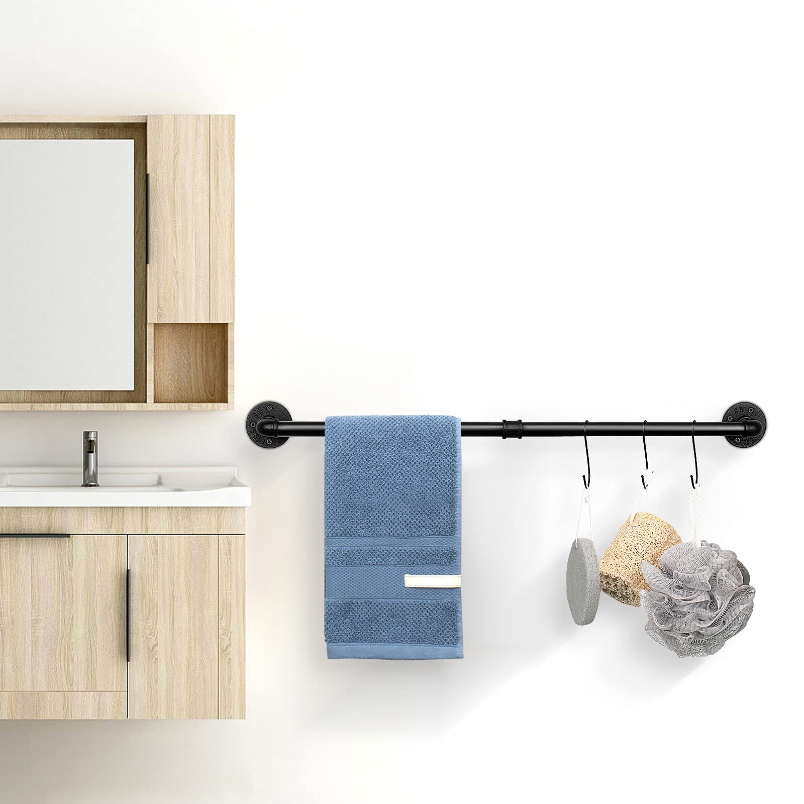 Jeasor Industrial Pipe Towel Rack Towel Bar, Heavy Duty Wall Mounted Rustic Farmhouse Bath Towel Holder For Bathroom (Black, 42