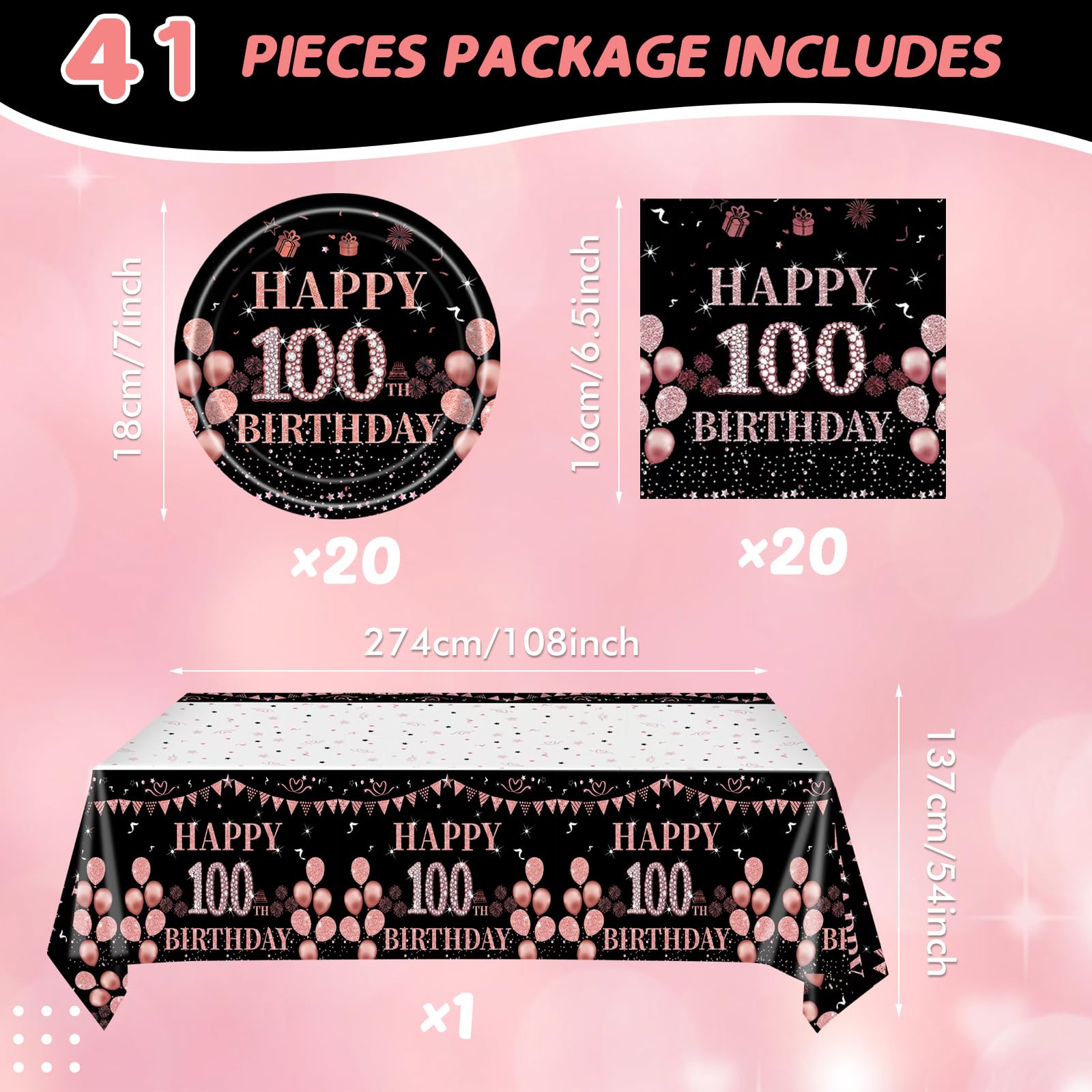 41Pcs 100Th Birthday Decorations For Women, Vintage 100 Birthday Black And Rose Gold Disposable Paper Plates And Napkins Party S