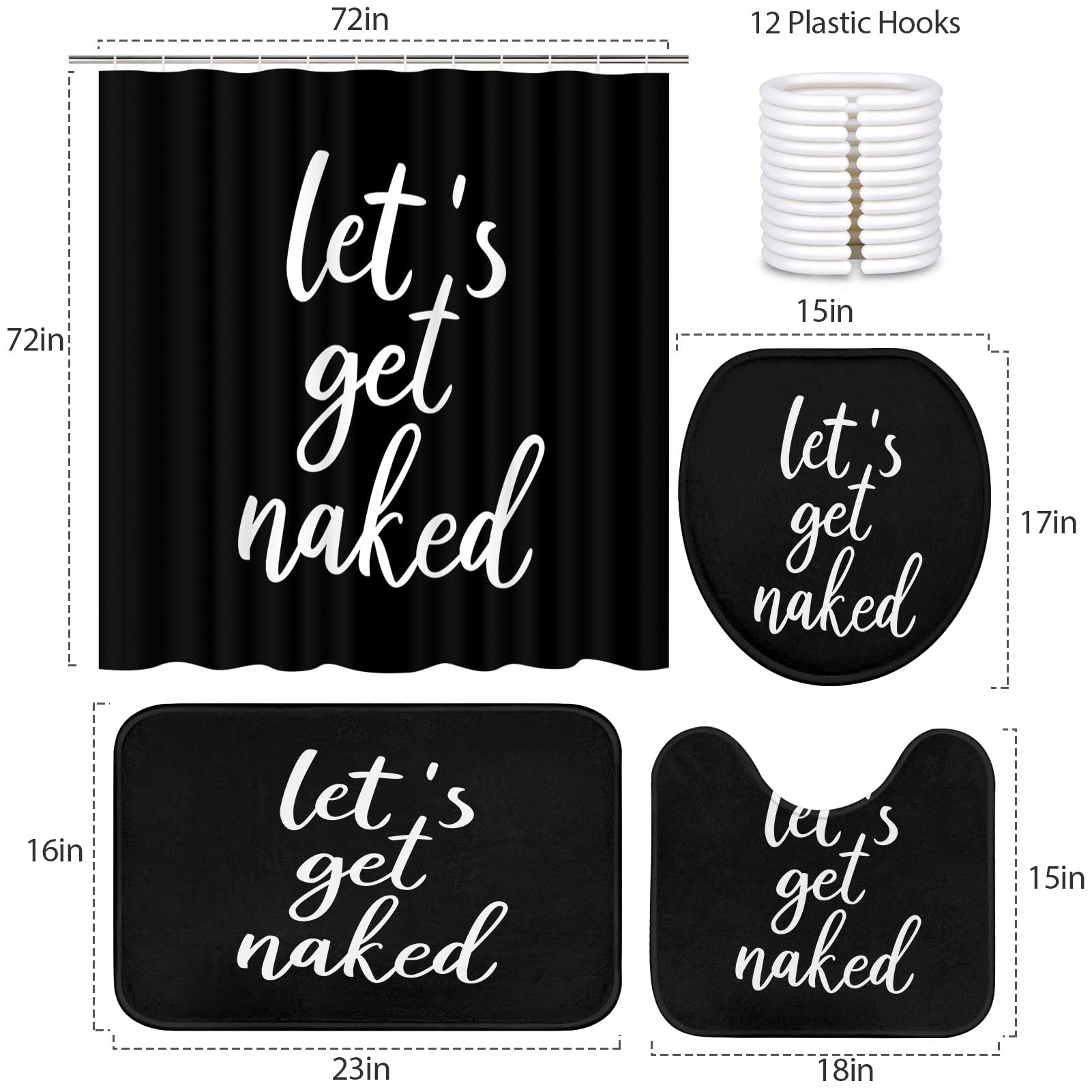 Artsocket 4Pc Shower Curtain Set With Rugs, Let'S Get Naked Bathroom Set With Non-Slip Rug, Toilet Lid Cover, Bath Mat And 12 Ho