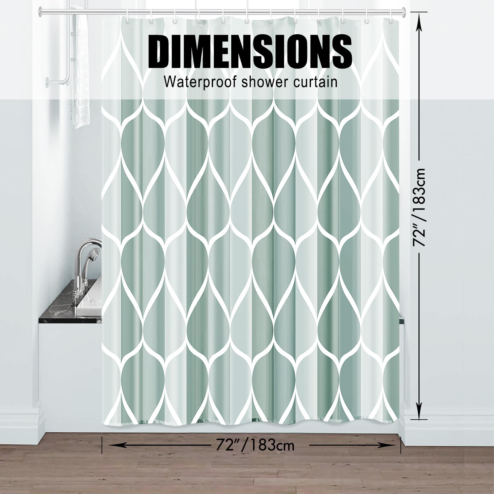 Gelbchu Dark Green Geometric Shower Curtain  Waterproof Design and Polyester  Quick-Drying  Weighted Hem  Green Fabric Shower Curtains Set for Bathroom W 72 x H 72  Durable and Washable with 12 Hooks